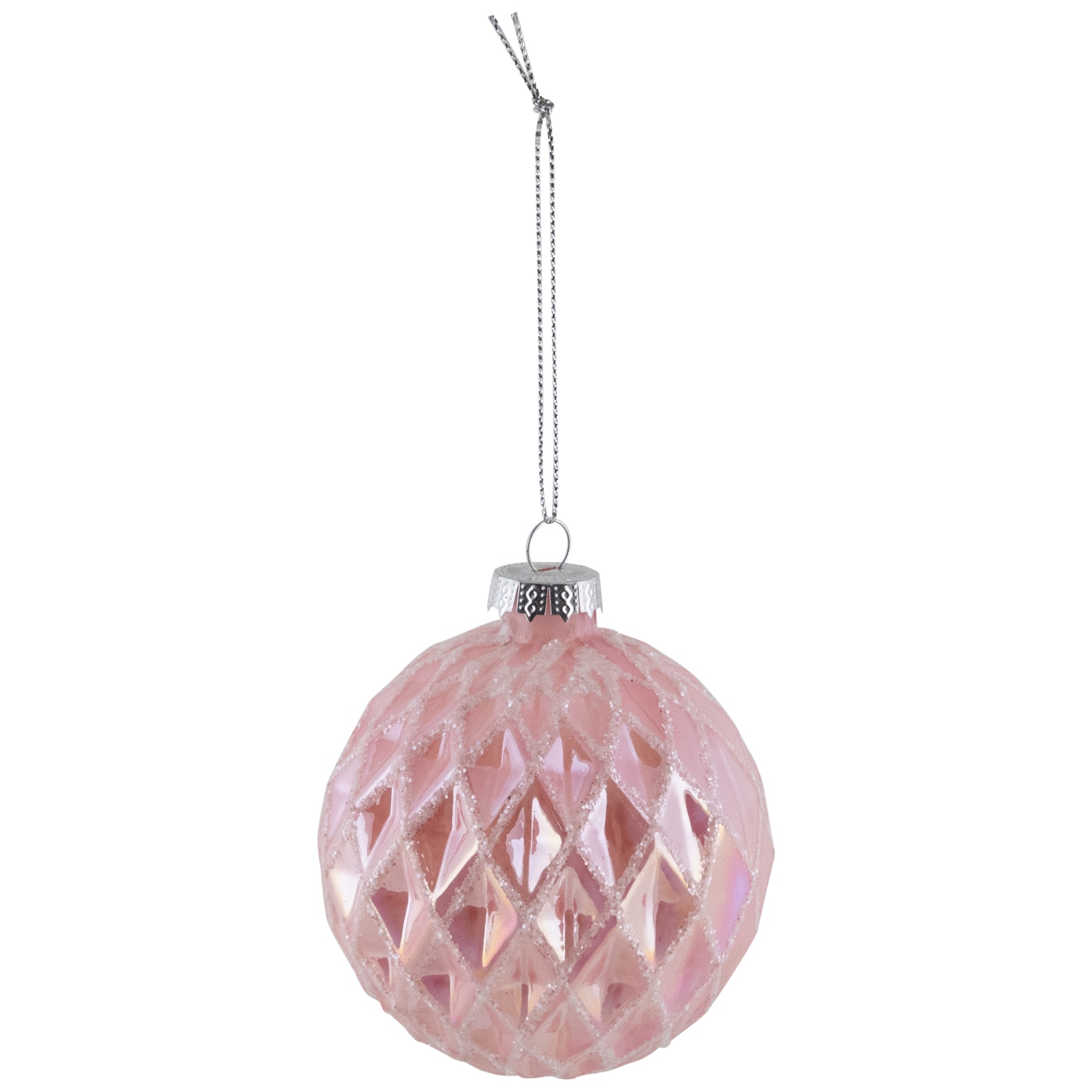 Glittered Geometric Iridescent Glass Ball Christmas Ornaments - 3" - Pink - 4ct