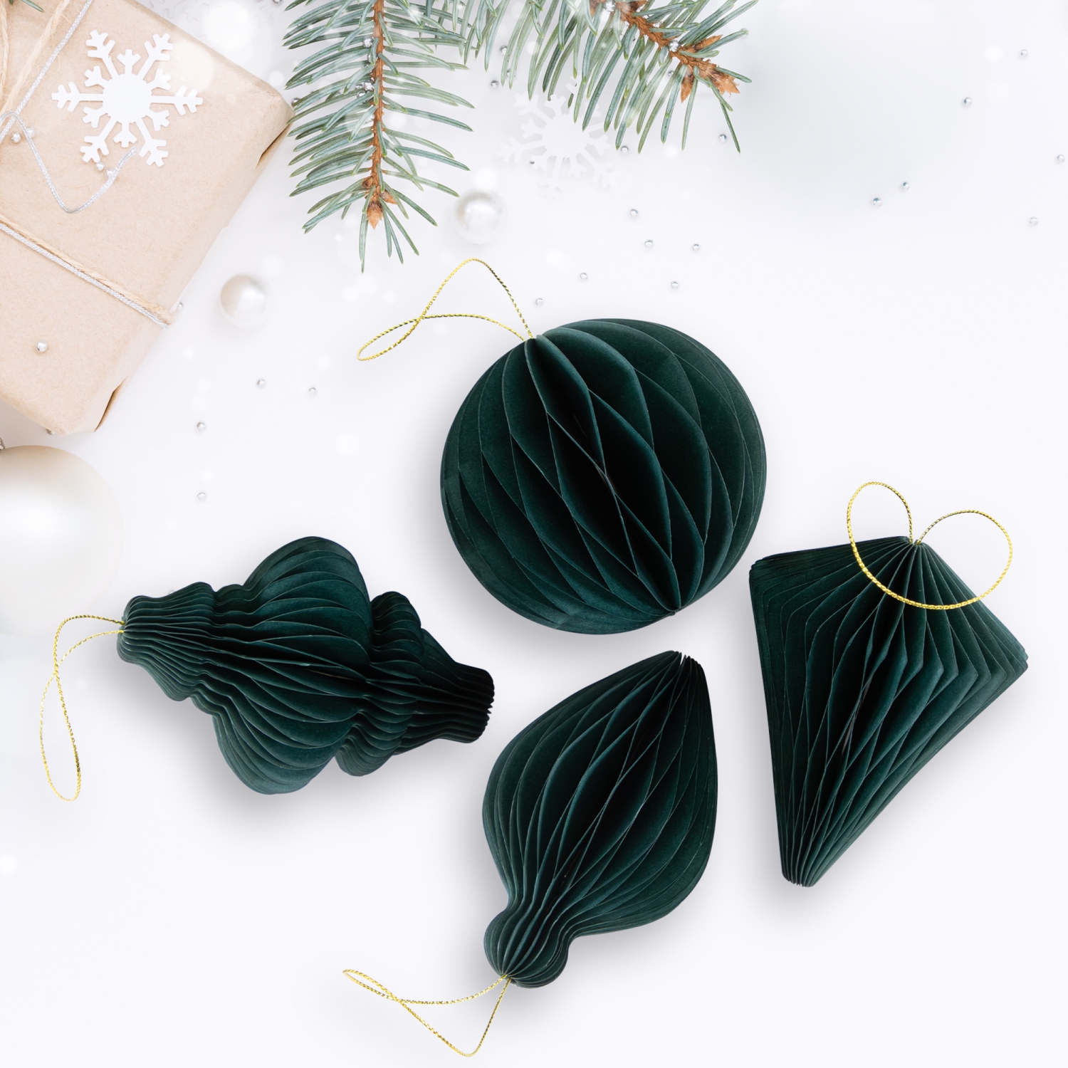 Accordion Honeycomb Foldable Paper Christmas Finial Ornaments - 4" - Green - Set of 4