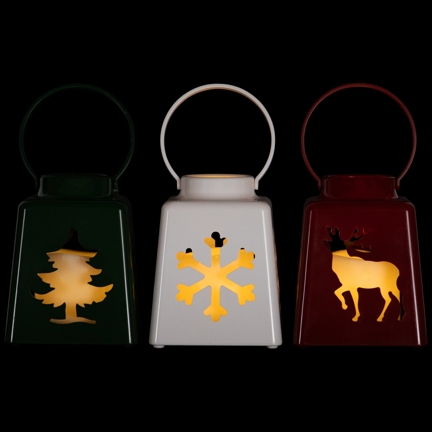 LED Lighted Tree, Snowflake and Reindeer Christmas Candle Lanterns - 8" - Set of 3