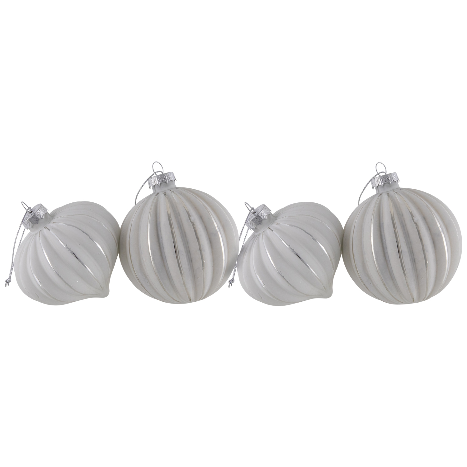 Striped Ball and Onion Glass Christmas Ornaments - 3" - White and Silver - 4ct