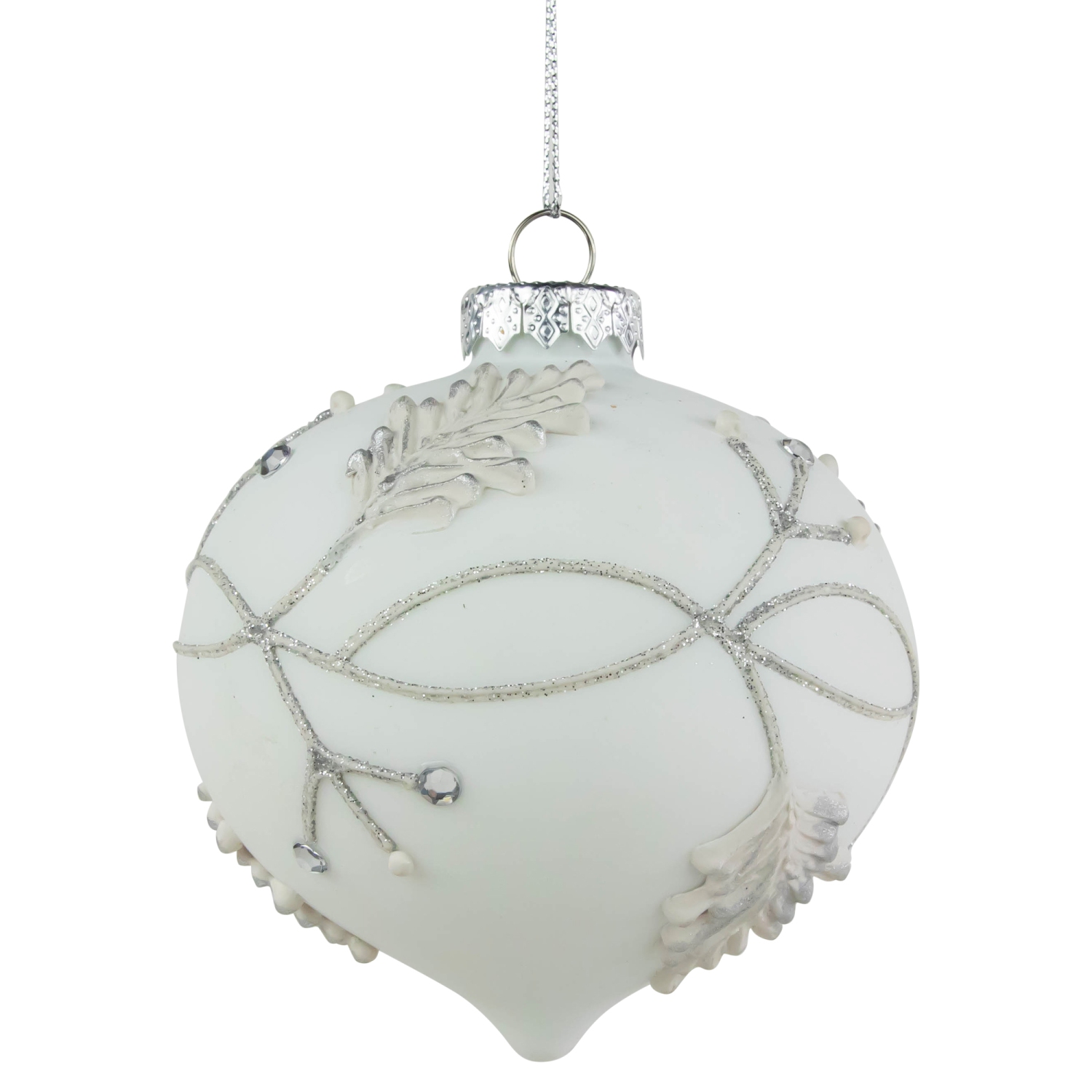 White and Silver Leaves Glass Onion Christmas Ornament - 3.5"