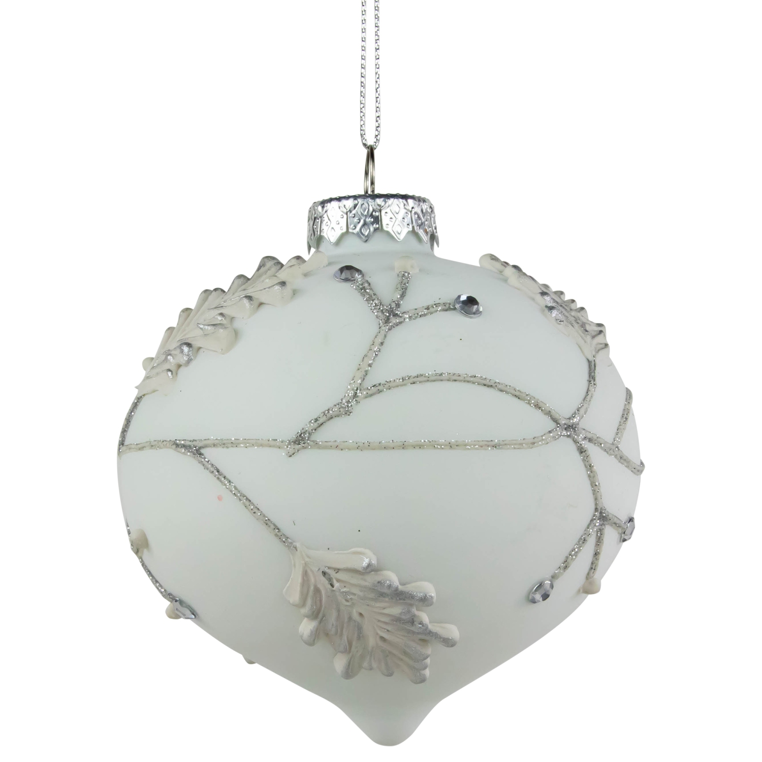 White and Silver Leaves Glass Onion Christmas Ornament - 3.5"