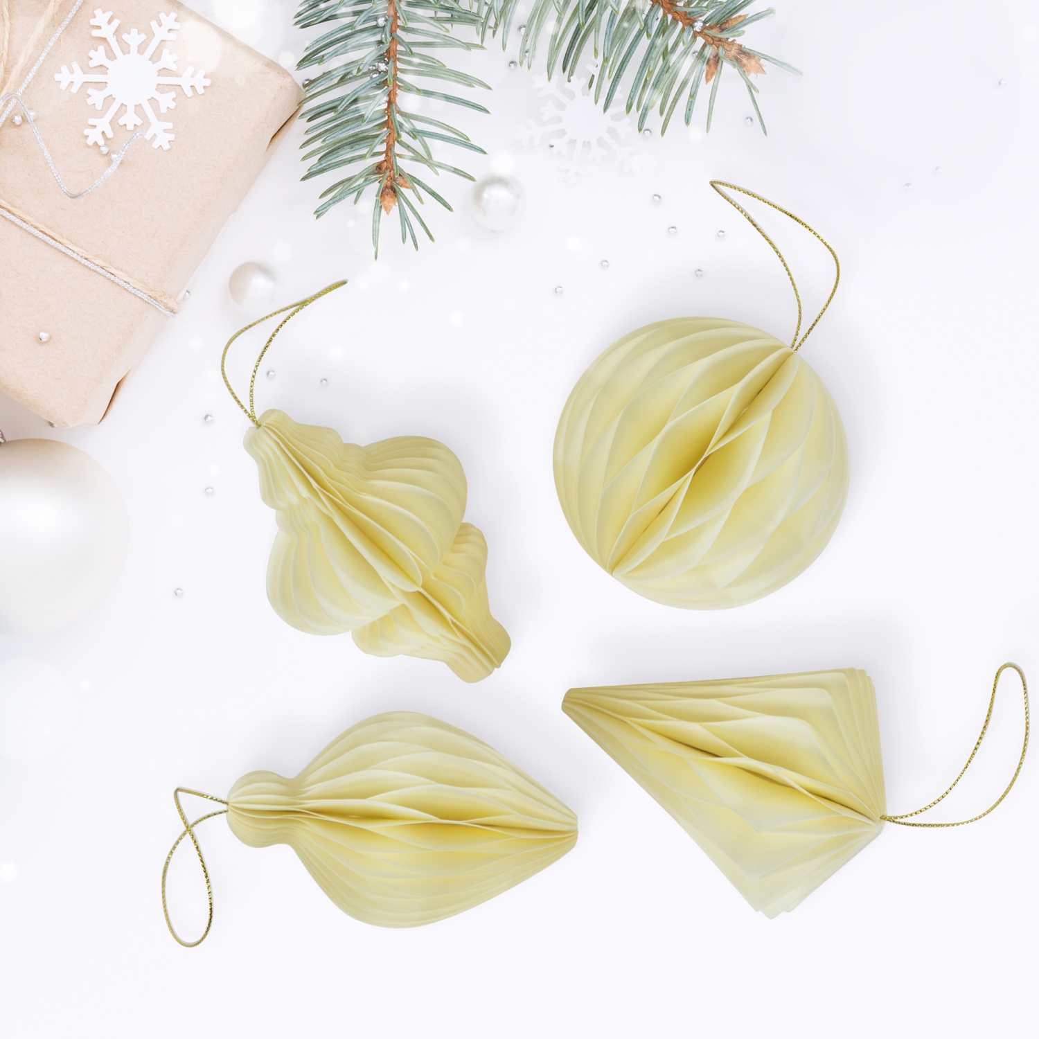 Embouts de Noël pliables en papier nid d'abeilles - 4&nbsp;po - Crème - Ensemble de 4