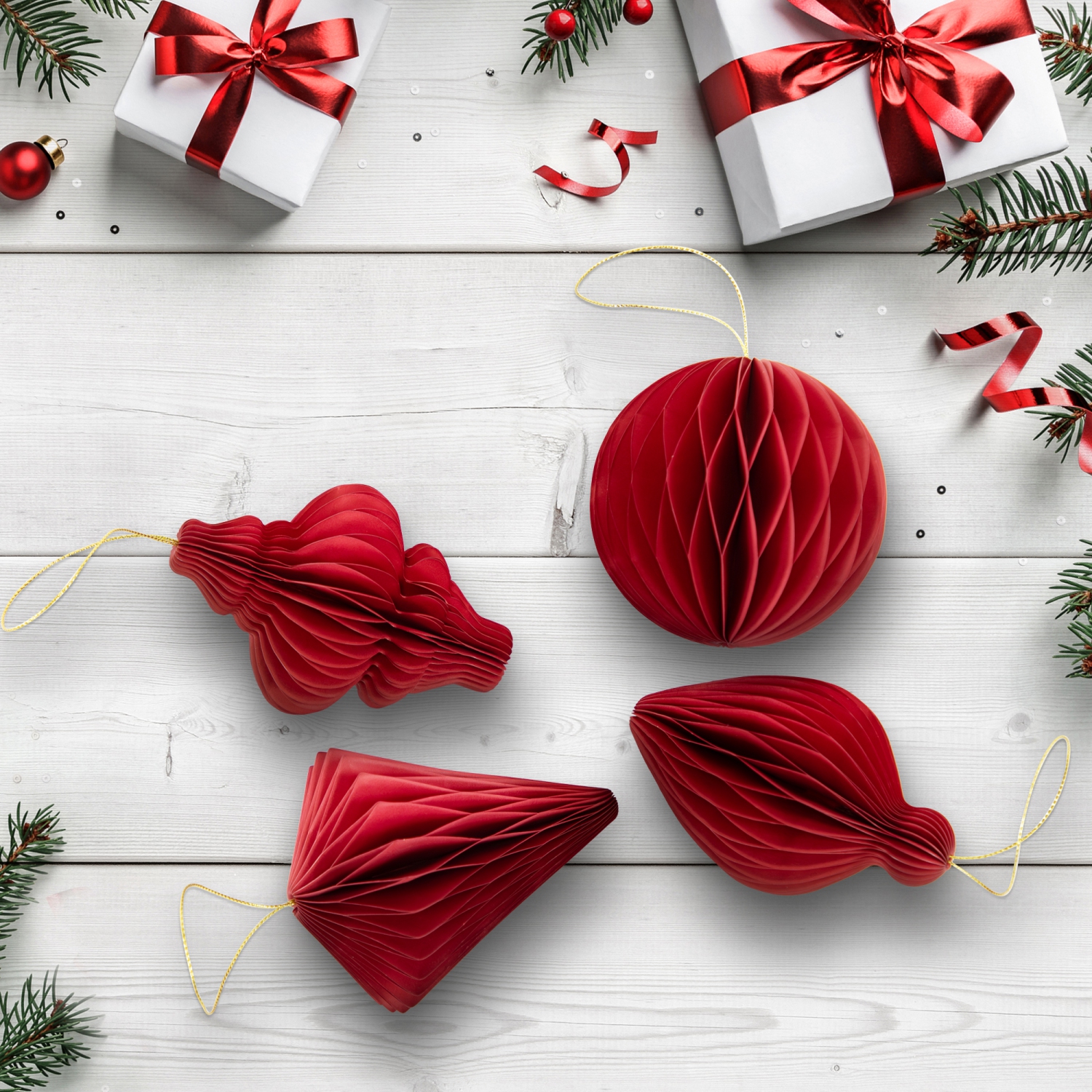 Embouts de Noël pliables en papier nid d'abeille - 4&nbsp;po - Rouge - Ensemble de 4