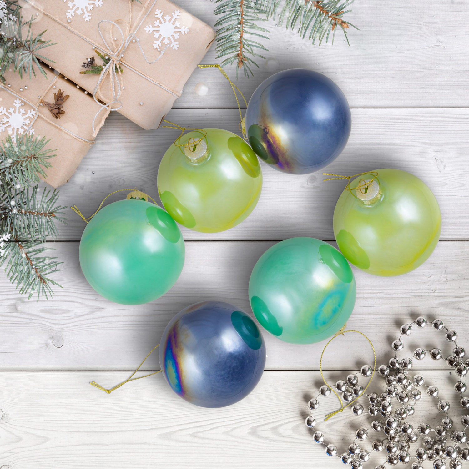 Boules de Noël en verre brillant – 3&nbsp;po – Bleu, vert et sarcelle – 6 unités