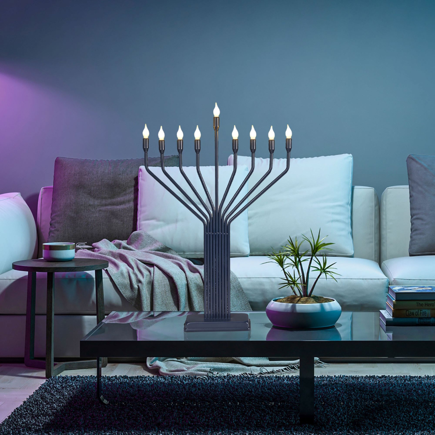 Menorah illuminée de style tricot de LED - 24&nbsp;po - Bleu marine