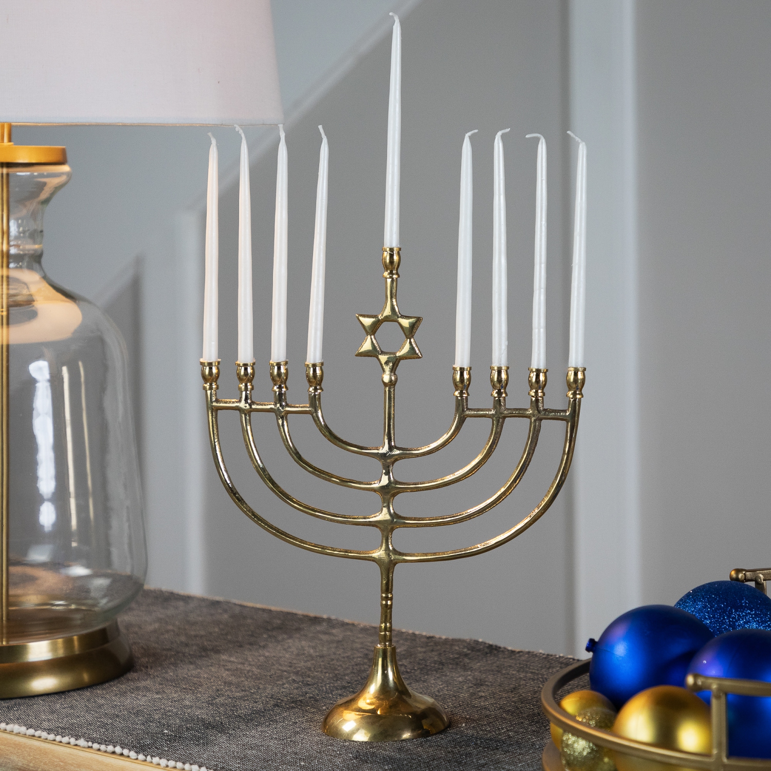 Star of David Smooth Slim Hanukkah Menorah - 12" - Brass
