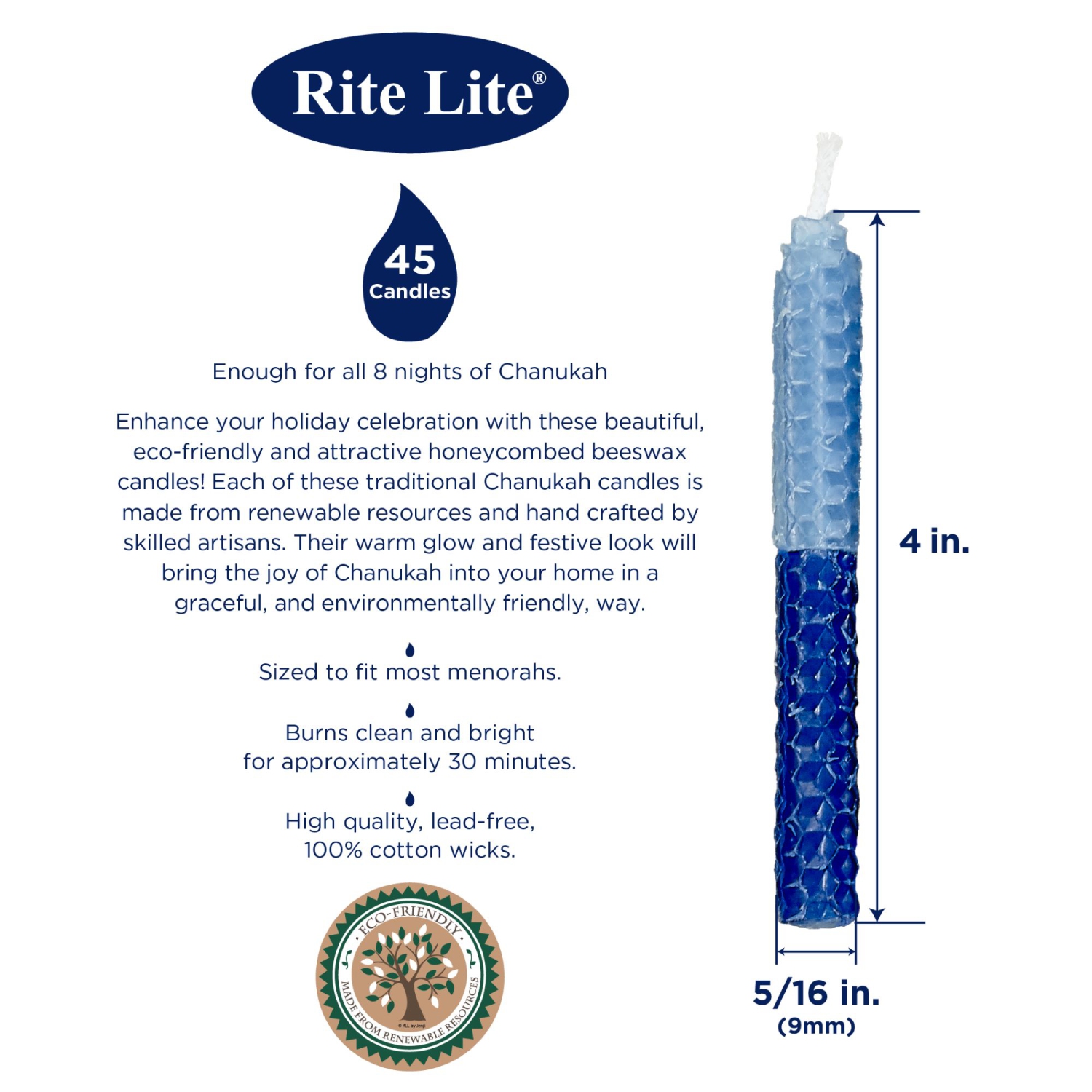 Two-Tone Honeycomb Beeswax Hanukkah Candles - 4" - Blue - 45ct