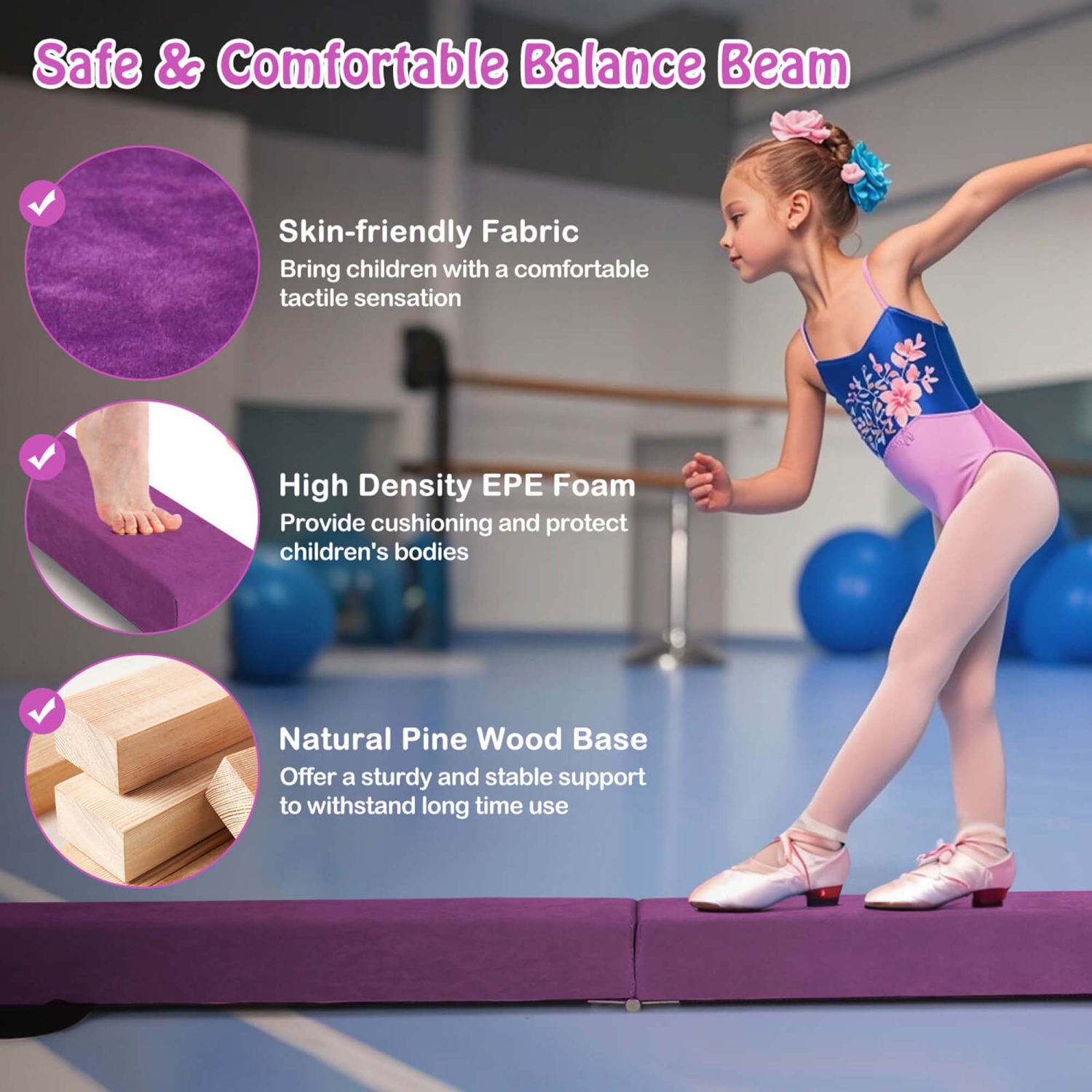 Poutre de gymnastique pliable de 8 pi de Costway avec base antidérapante, cadre en pin et poignée de transport