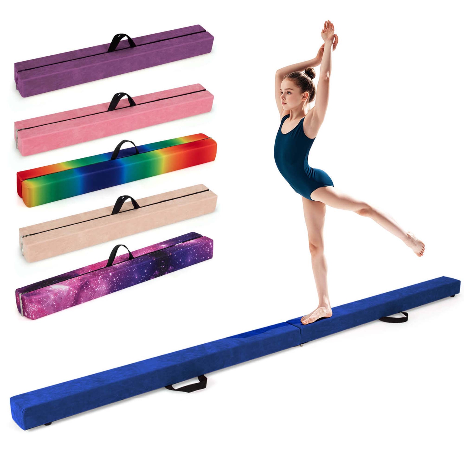 Costway 8 FT Folding Gymnastic Beam with Anti-slip Base Pine Wood Frame Carrying Handle