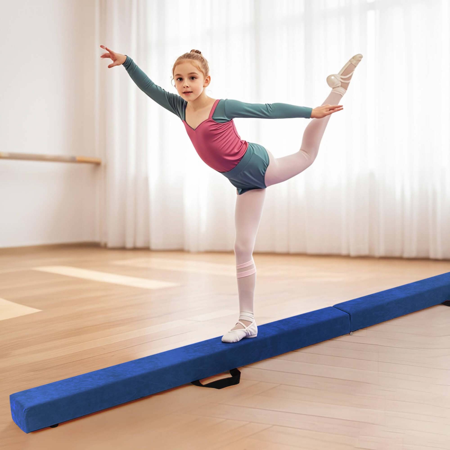 Costway 8 FT Folding Gymnastic Beam with Anti-slip Base Pine Wood Frame Carrying Handle
