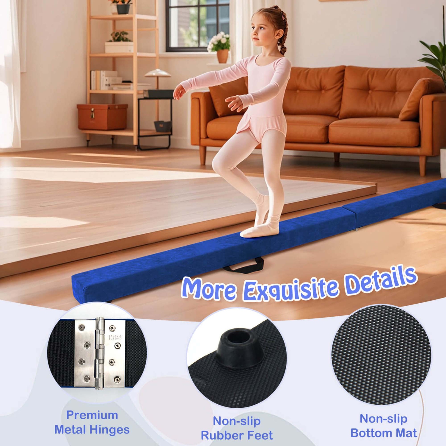 Costway 8 FT Folding Gymnastic Beam with Anti-slip Base Pine Wood Frame Carrying Handle