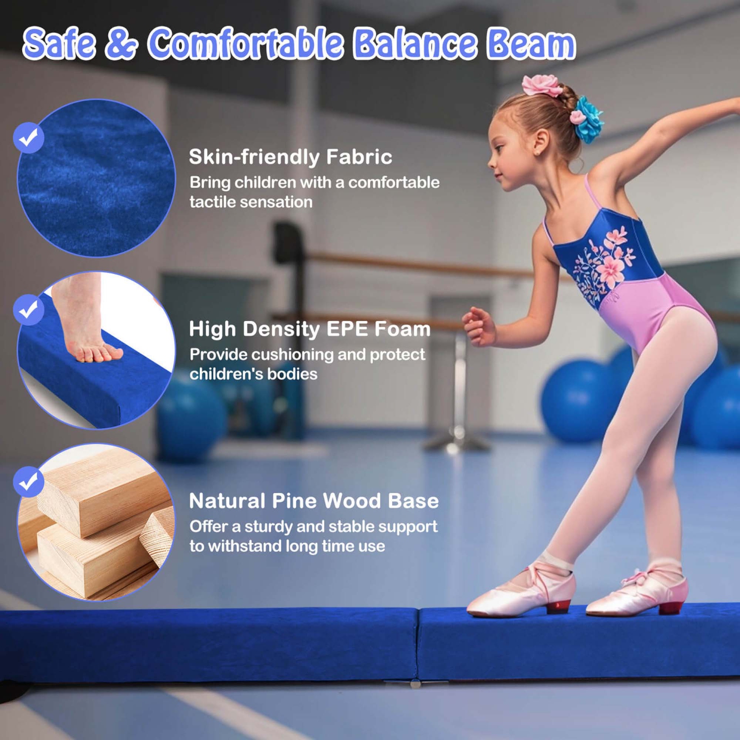 Costway 8 FT Folding Gymnastic Beam with Anti-slip Base Pine Wood Frame Carrying Handle