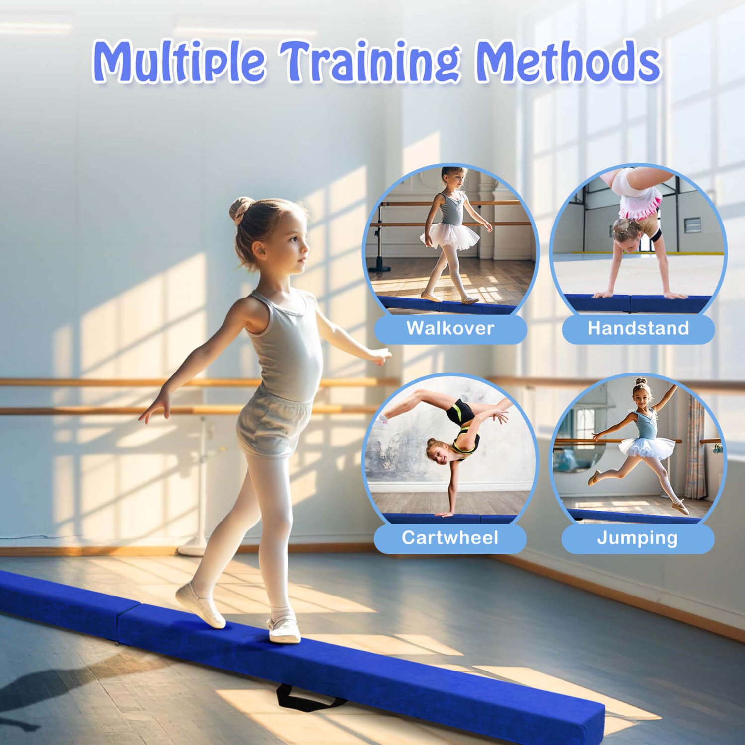 Costway 8 FT Folding Gymnastic Beam with Anti-slip Base Pine Wood Frame Carrying Handle