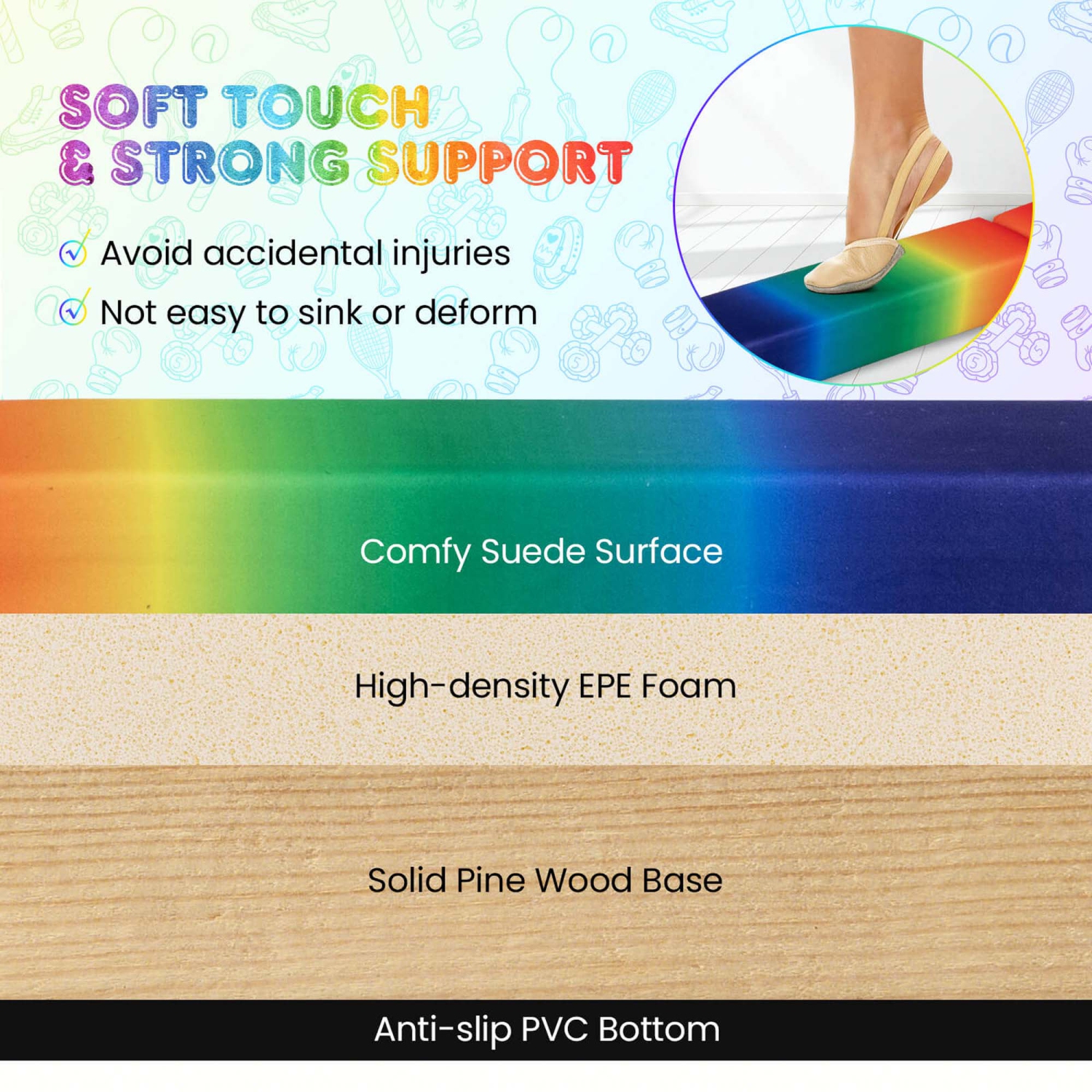 Poutre de gymnastique pliable de 8 pi de Costway avec base antidérapante, cadre en pin et poignée de transport