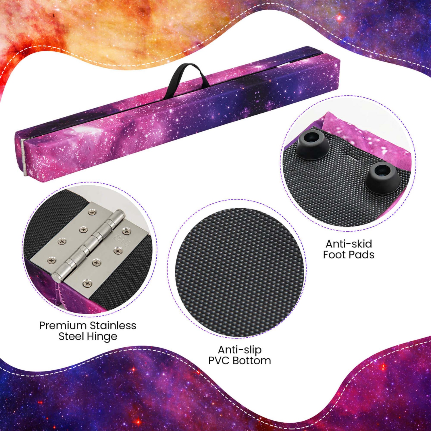 Poutre de gymnastique pliable de 8 pi de Costway avec base antidérapante, cadre en pin et poignée de transport