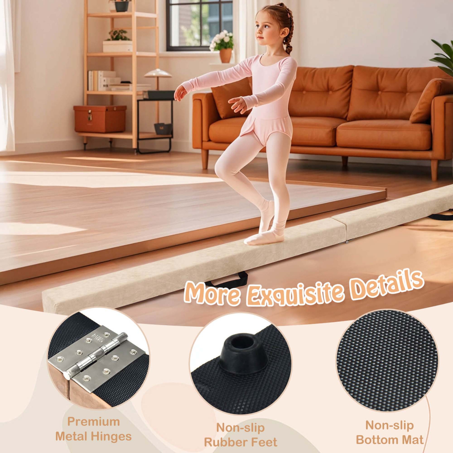 Poutre de gymnastique pliable de 8 pi de Costway avec base antidérapante, cadre en pin et poignée de transport