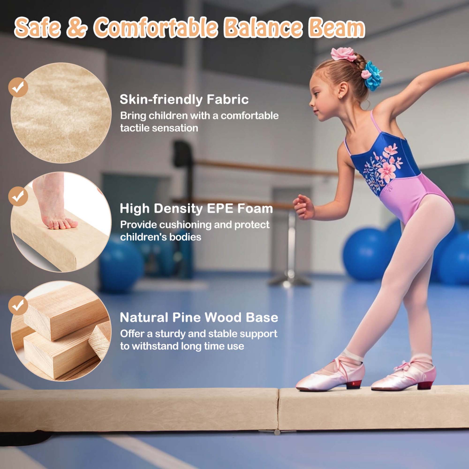 Poutre de gymnastique pliable de 8 pi de Costway avec base antidérapante, cadre en pin et poignée de transport