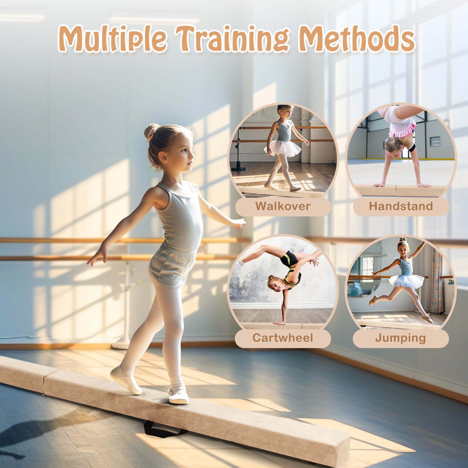 Poutre de gymnastique pliable de 8 pi de Costway avec base antidérapante, cadre en pin et poignée de transport