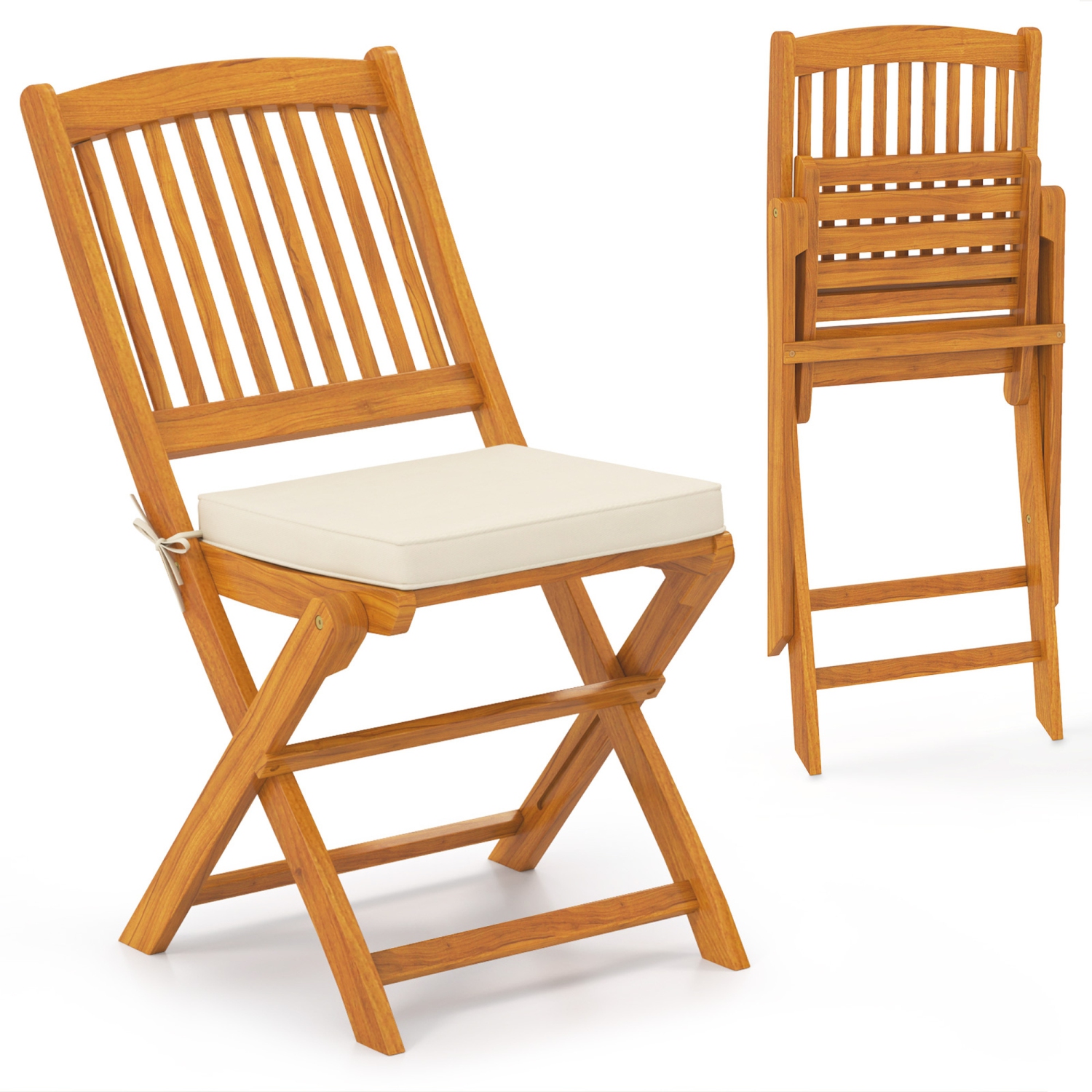 Costway Outdoor Folding Chairs Set of 2 Acacia Wood High-Back Chair with Seat Cushions