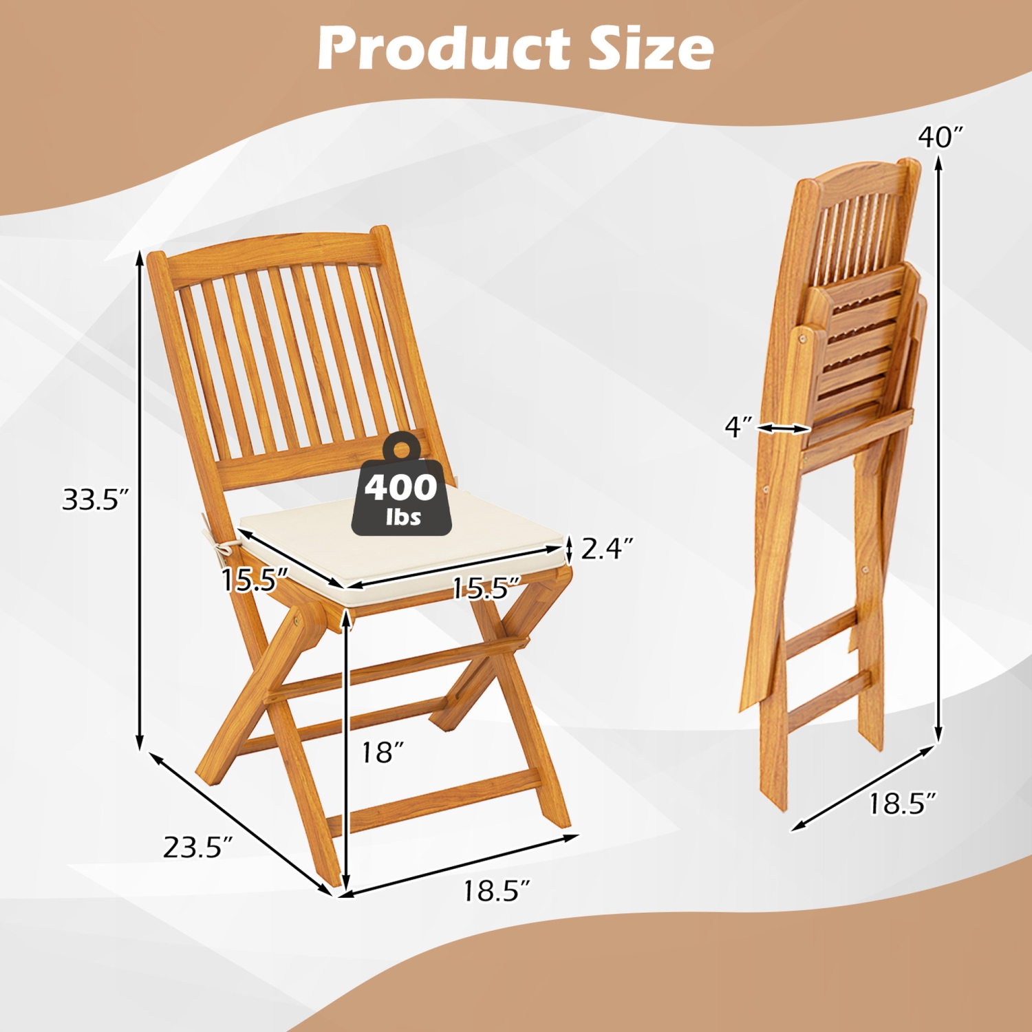 Costway Outdoor Folding Chairs Set of 2 Acacia Wood High-Back Chair with Seat Cushions