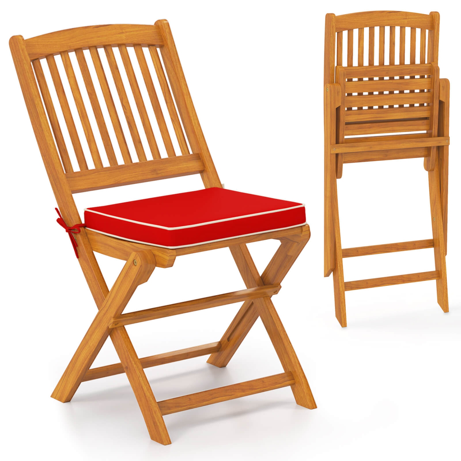 Costway Outdoor Folding Chairs Set of 2 Acacia Wood High-Back Chair with Seat Cushions