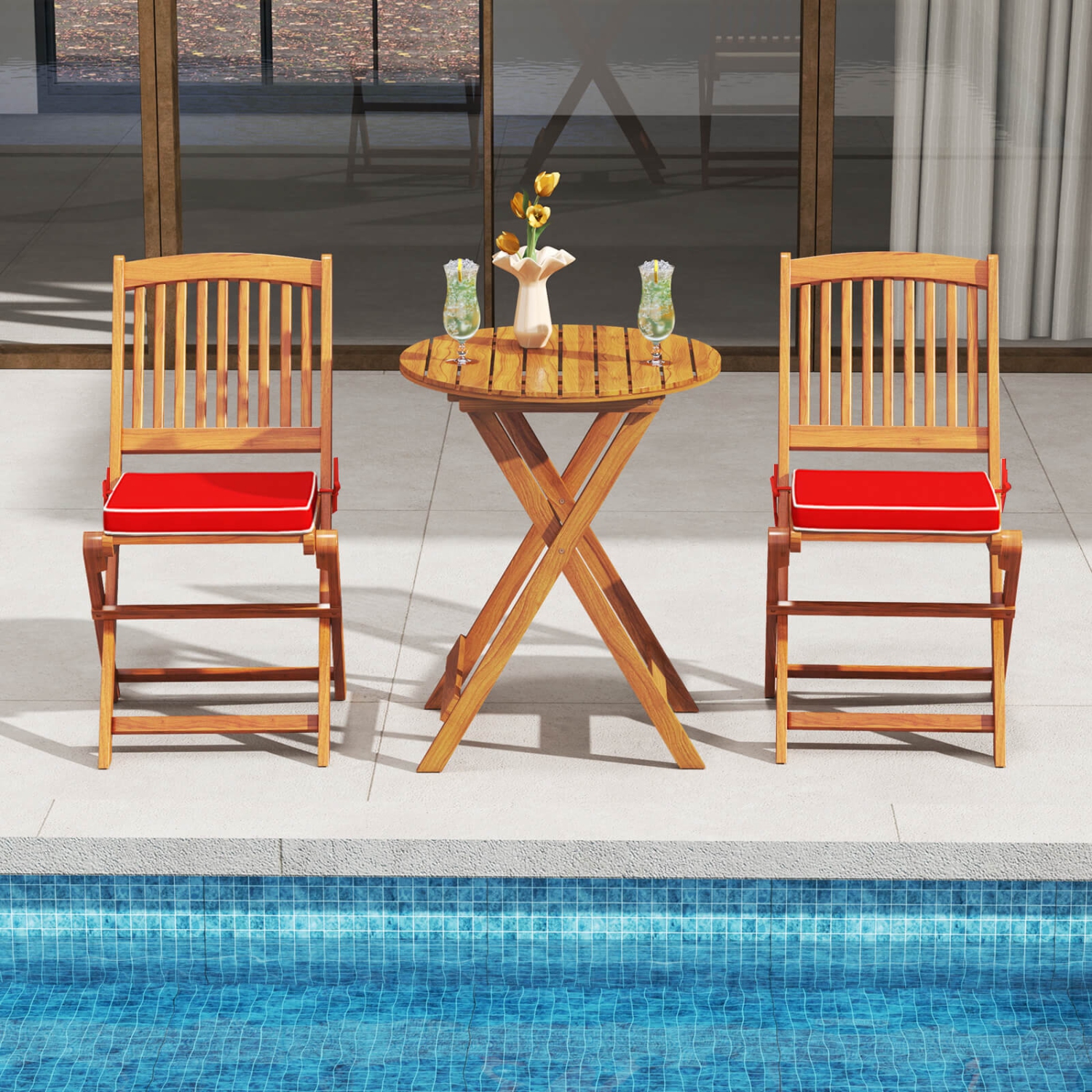 Costway Outdoor Folding Chairs Set of 2 Acacia Wood High-Back Chair with Seat Cushions
