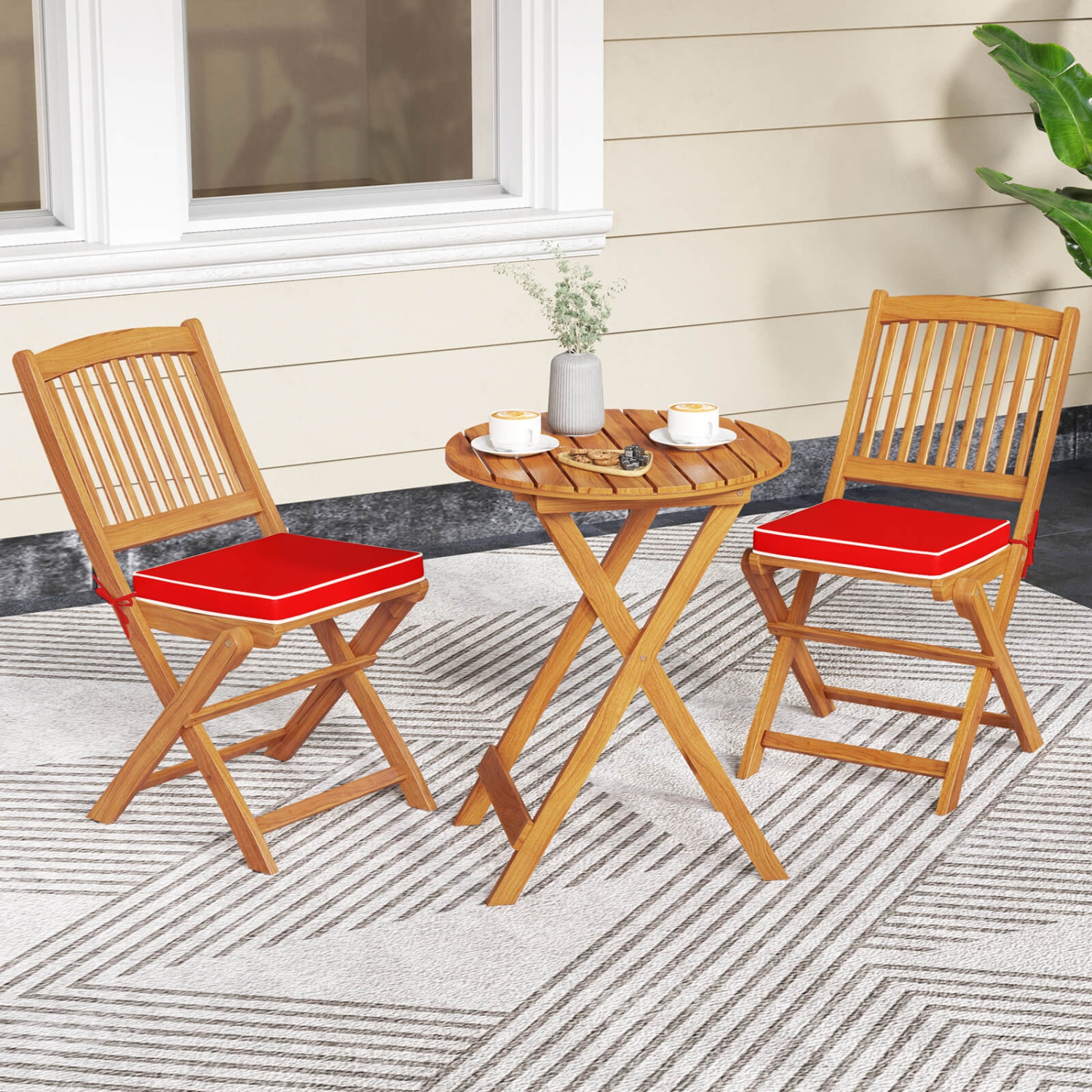 Costway Outdoor Folding Chairs Set of 2 Acacia Wood High-Back Chair with Seat Cushions