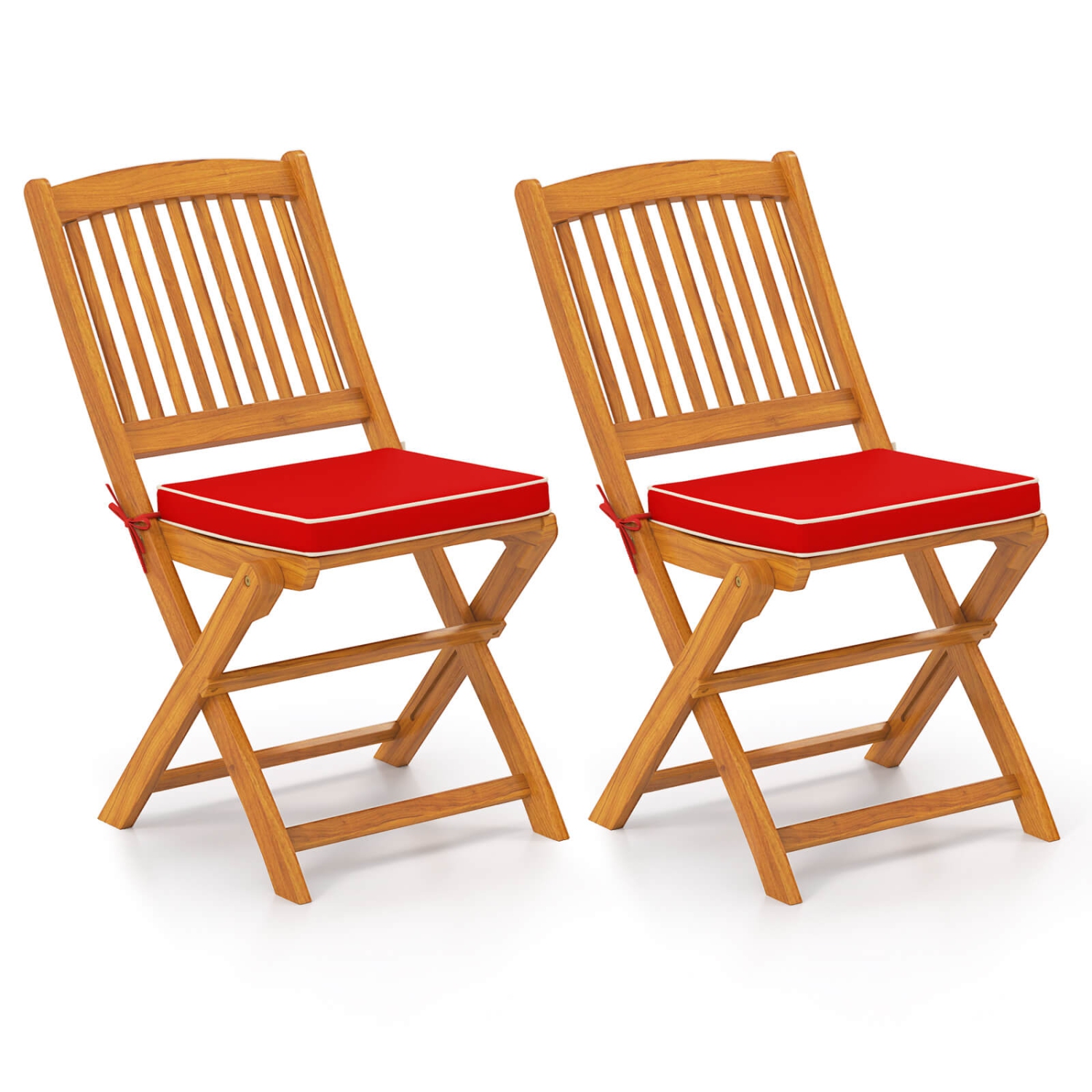 Costway Outdoor Folding Chairs Set of 2 Acacia Wood High-Back Chair with Seat Cushions