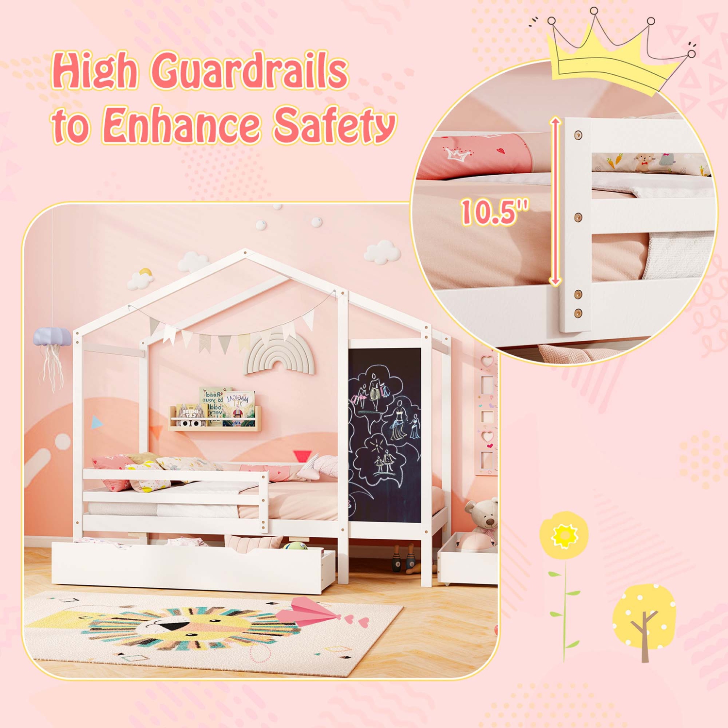 Lit simple avec 2 tiroirs de rangement et lit plateforme en bois massif avec tableau noir de Costway