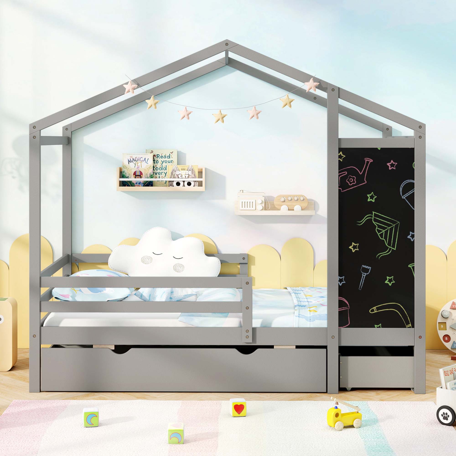 Lit simple avec 2 tiroirs de rangement et lit plateforme en bois massif avec tableau noir de Costway