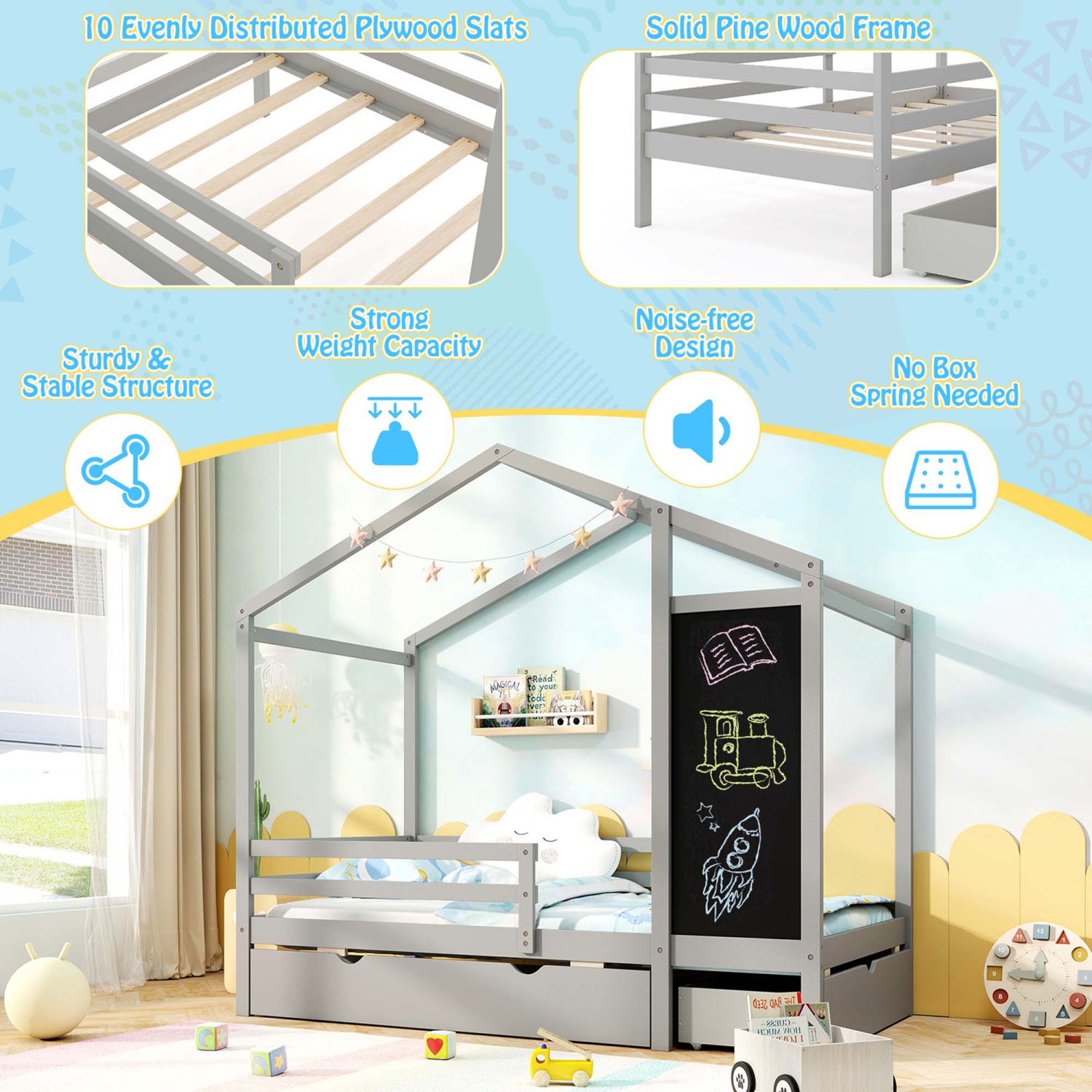 Lit simple avec 2 tiroirs de rangement et lit plateforme en bois massif avec tableau noir de Costway