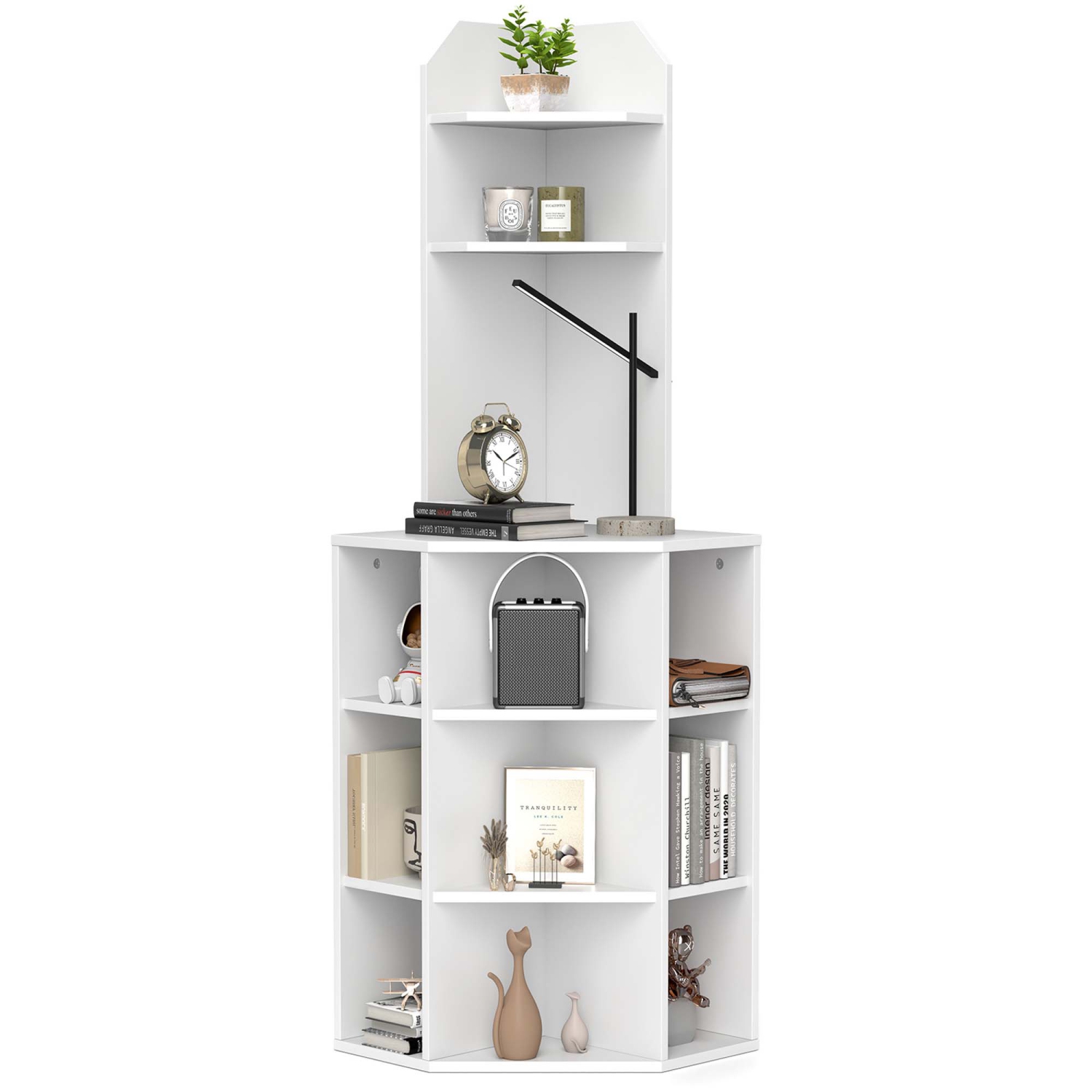 Costway 6-Tier Corner Shelf 63" Tall Corner Bookshelf with 2 USB Ports & Charging Station