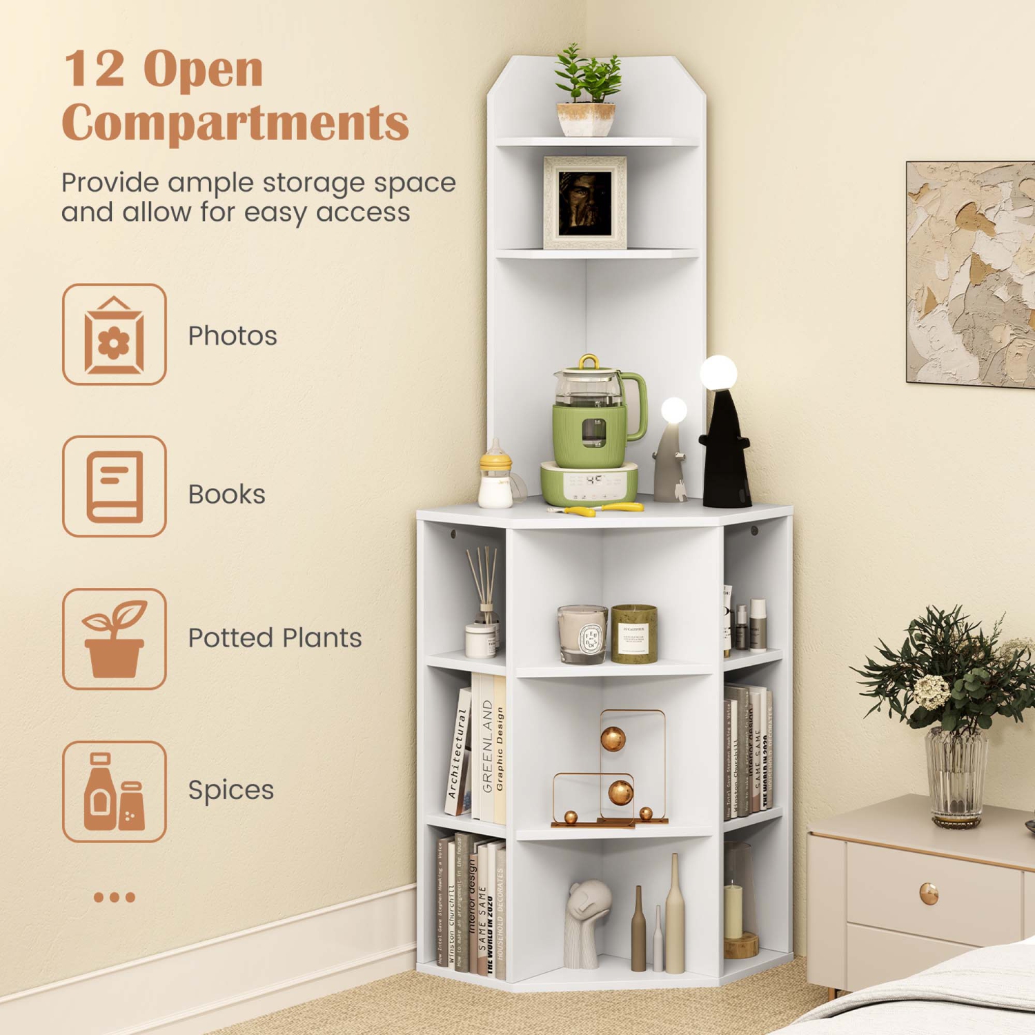 Costway 6-Tier Corner Shelf 63" Tall Corner Bookshelf with 2 USB Ports & Charging Station