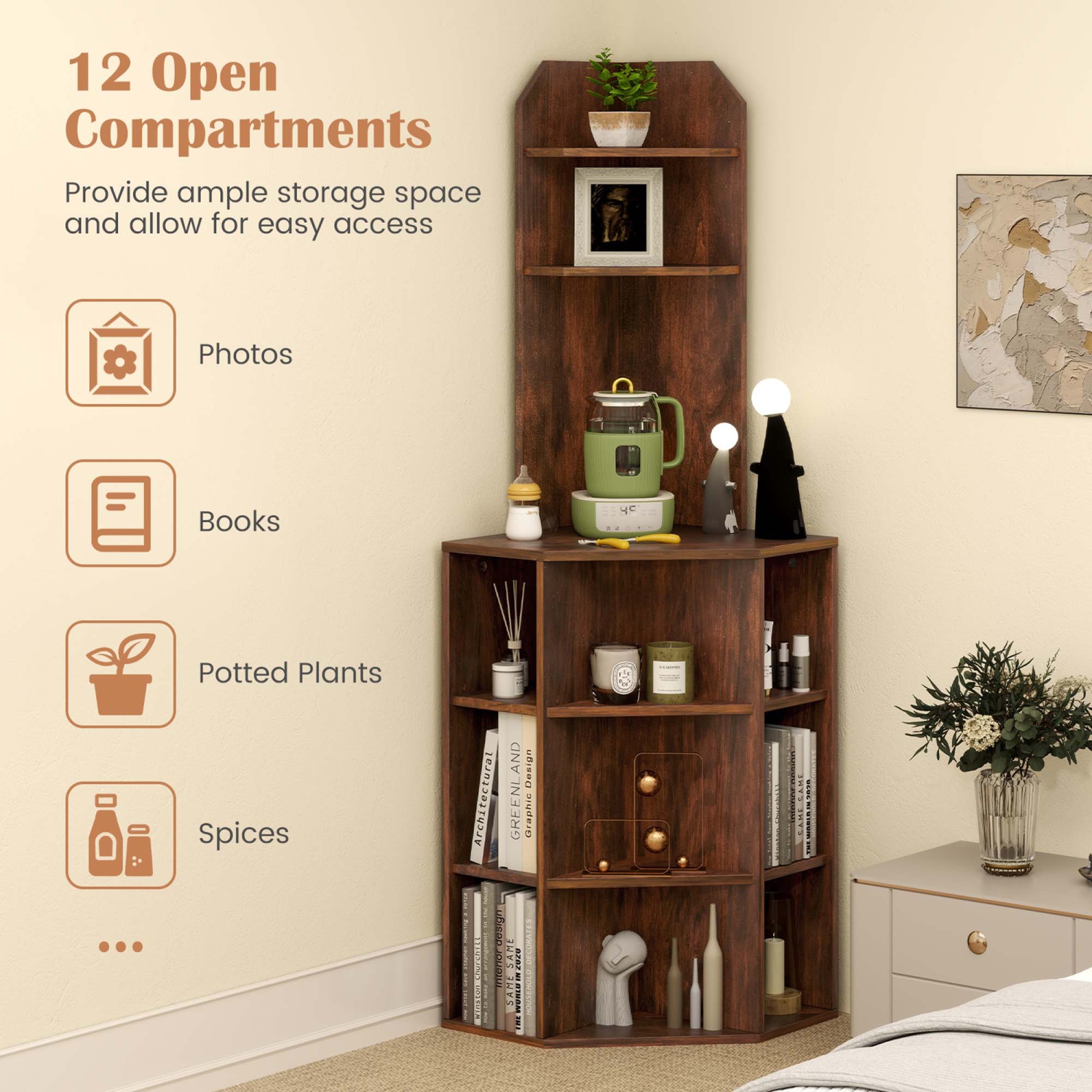 Costway 6-Tier Corner Shelf 63" Tall Corner Bookshelf with 2 USB Ports & Charging Station