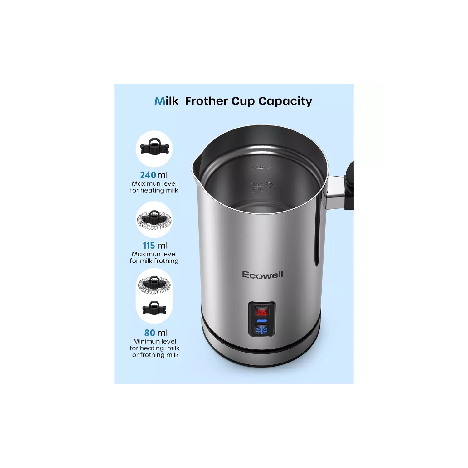 ECOWELL Automatic Milk Frother, 8.1oz/240ml Stainless Steel Electric Foam Maker for Lattes, Cappuccinos & Hot Chocolate