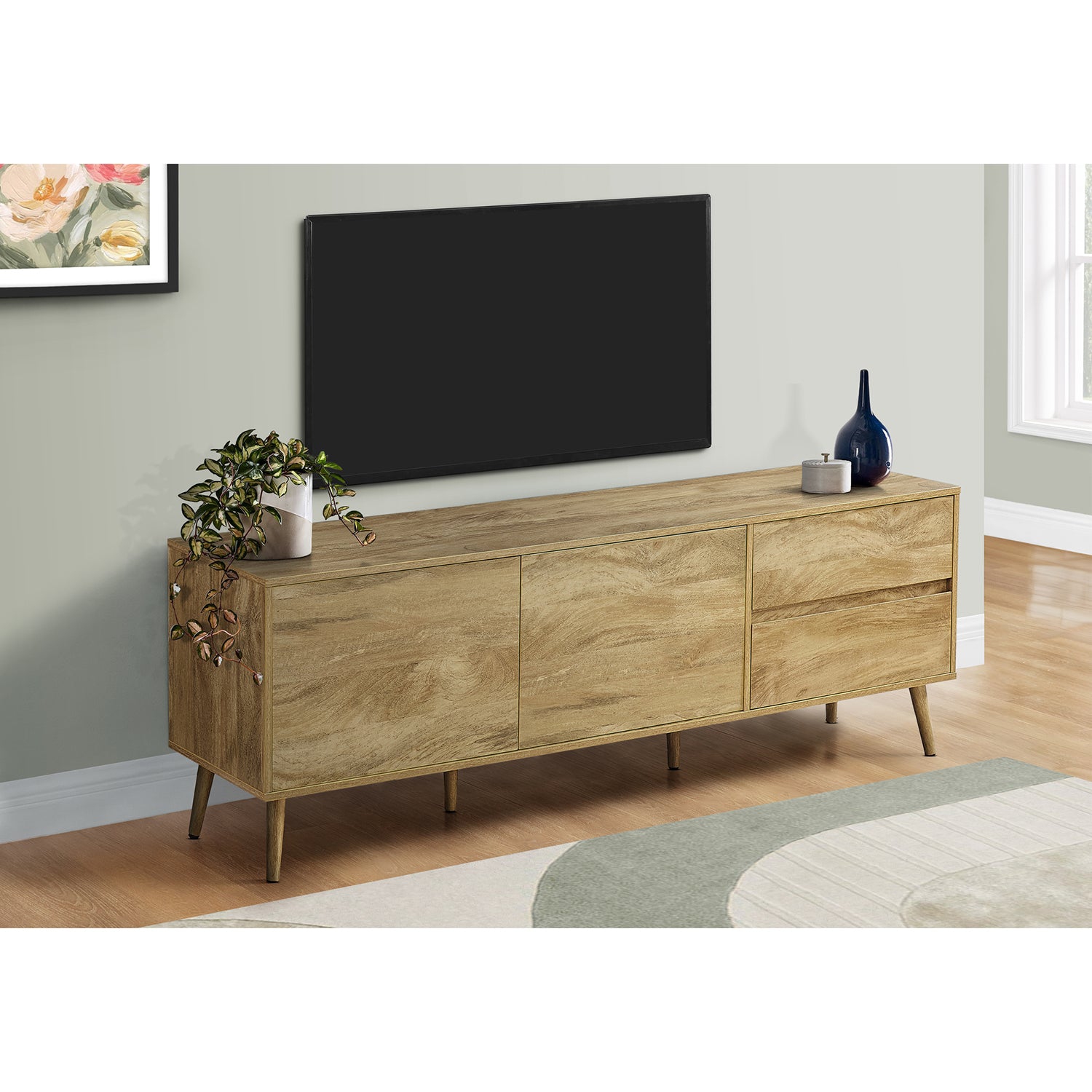 Monarch Specialties I 2722 - Meuble TV, 72 po, Console, Centre de divertissement multimédia, Tiroirs de rangement, Armoire de rangement, Stratifié noyer, Milieu de siècle