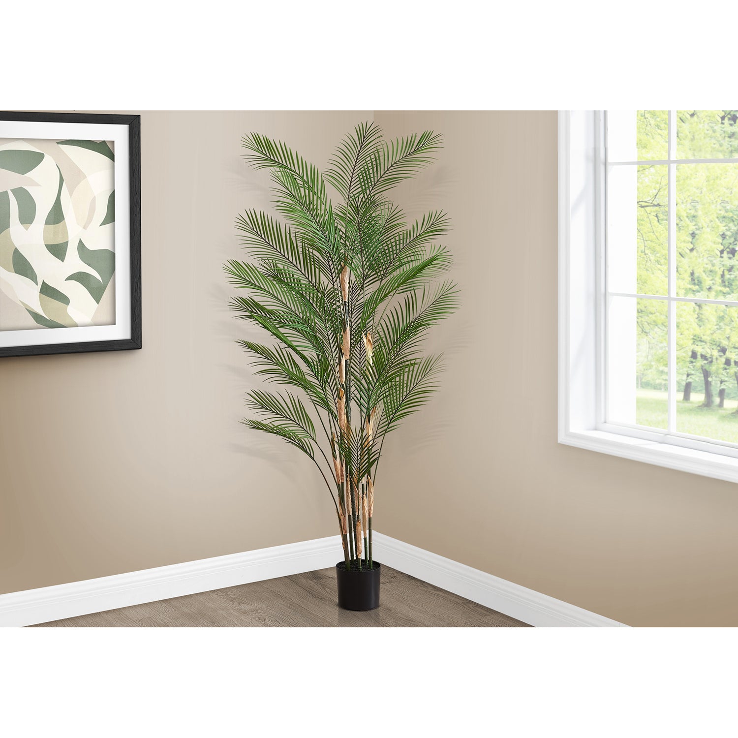 Monarch Specialties I 9590 - Artificial Plant, 83" Tall, Palm Tree, Decorative, Floor, Indoor, Potted, Real Touch, Green Leaves, Black Pot