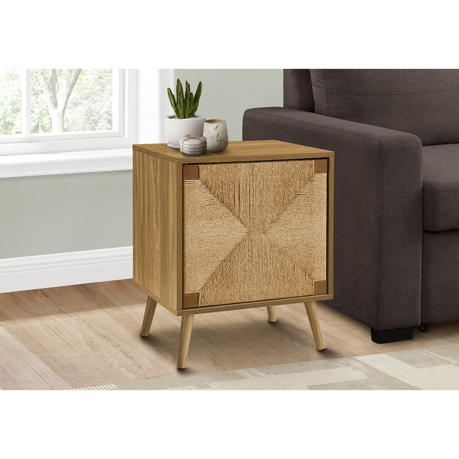 Monarch Specialties I 2794 - Accent Table, End, Storage, Small, Side, Living Room, Lamp, Light Walnut Laminate, Seagrass, Modern