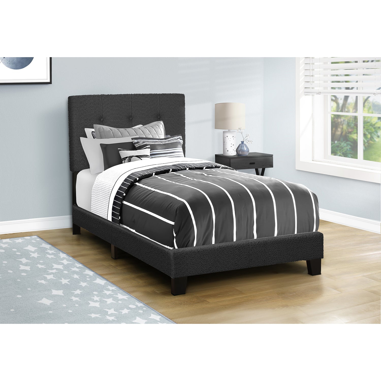 Monarch Specialties I 5805T - Bed, Twin Size, Upholstered, Bedroom, Frame Only, Youth, Teen, Juvenile, Dark Grey Boucle, Transitional