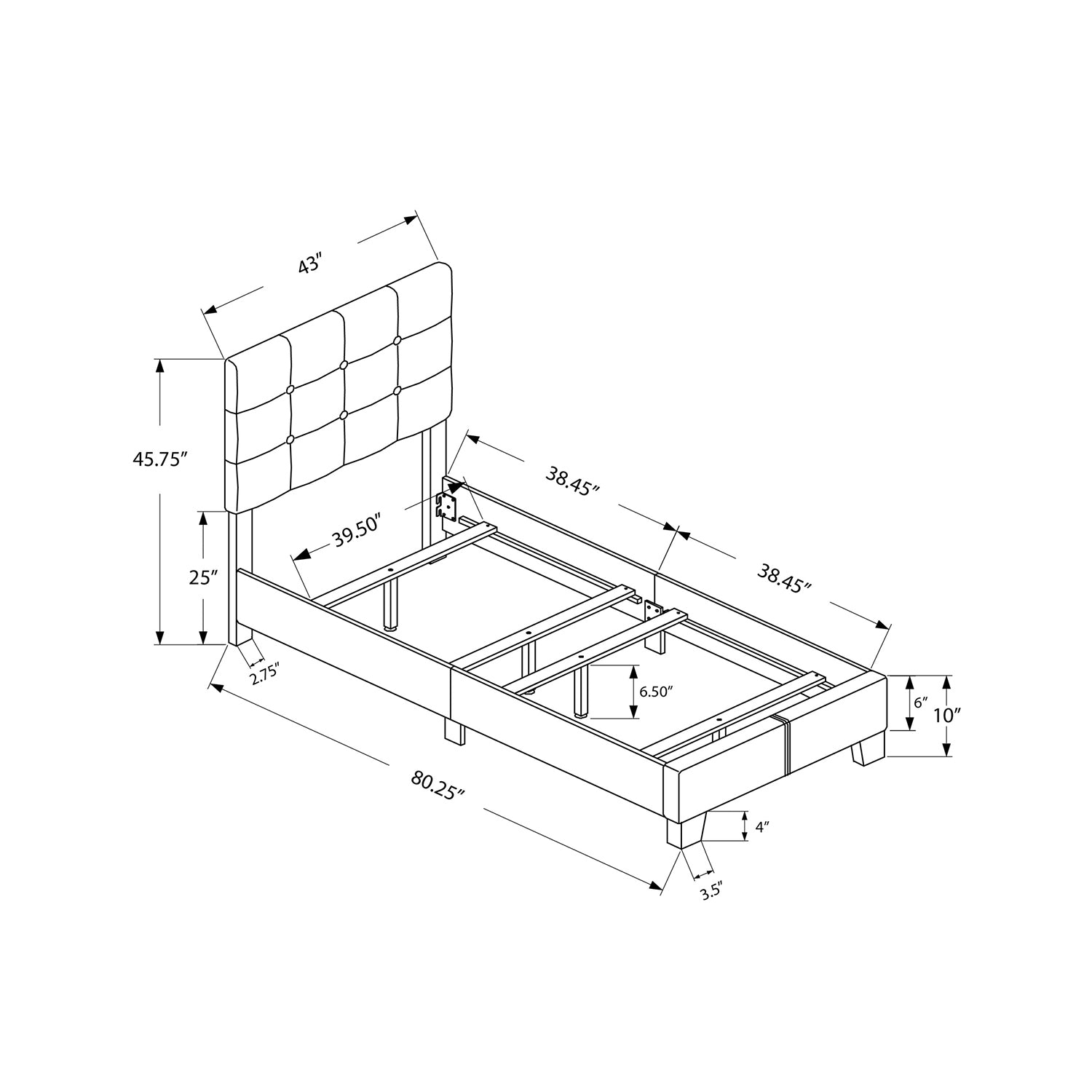 Monarch Specialties I 5803T - Lit, jumeau, revêtement, chambre à coucher, cadre seulement, Jeune, adolescent, juvénile, bouclé gris foncé,