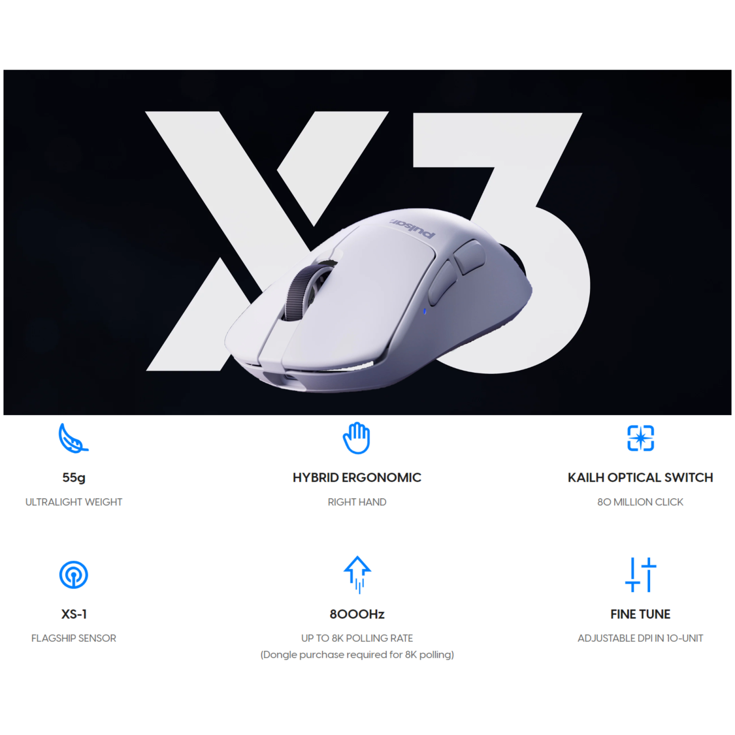 Pulsar X3 Wireless Gaming Mouse - Ultra-Light 55 g, XS-1 32K DPI Sensor, 8K Polling, Ergonomic Right-Hand Design for Palm Grip or Claw Grip, White