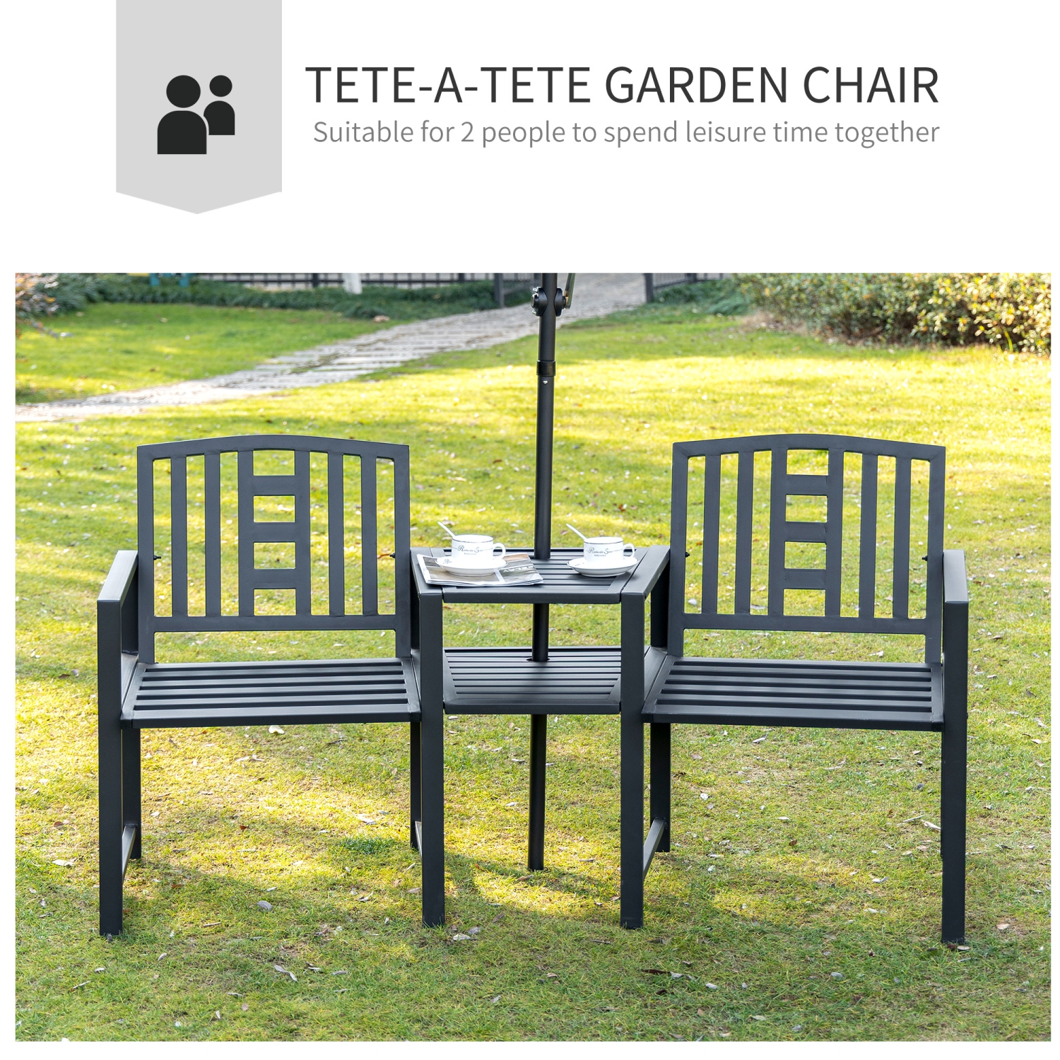 Banc d'extérieur en métal Outsunny, banc de jardin à 2 places avec table centrale et trou pour parasol, causeuse de patio avec siège et dossier à