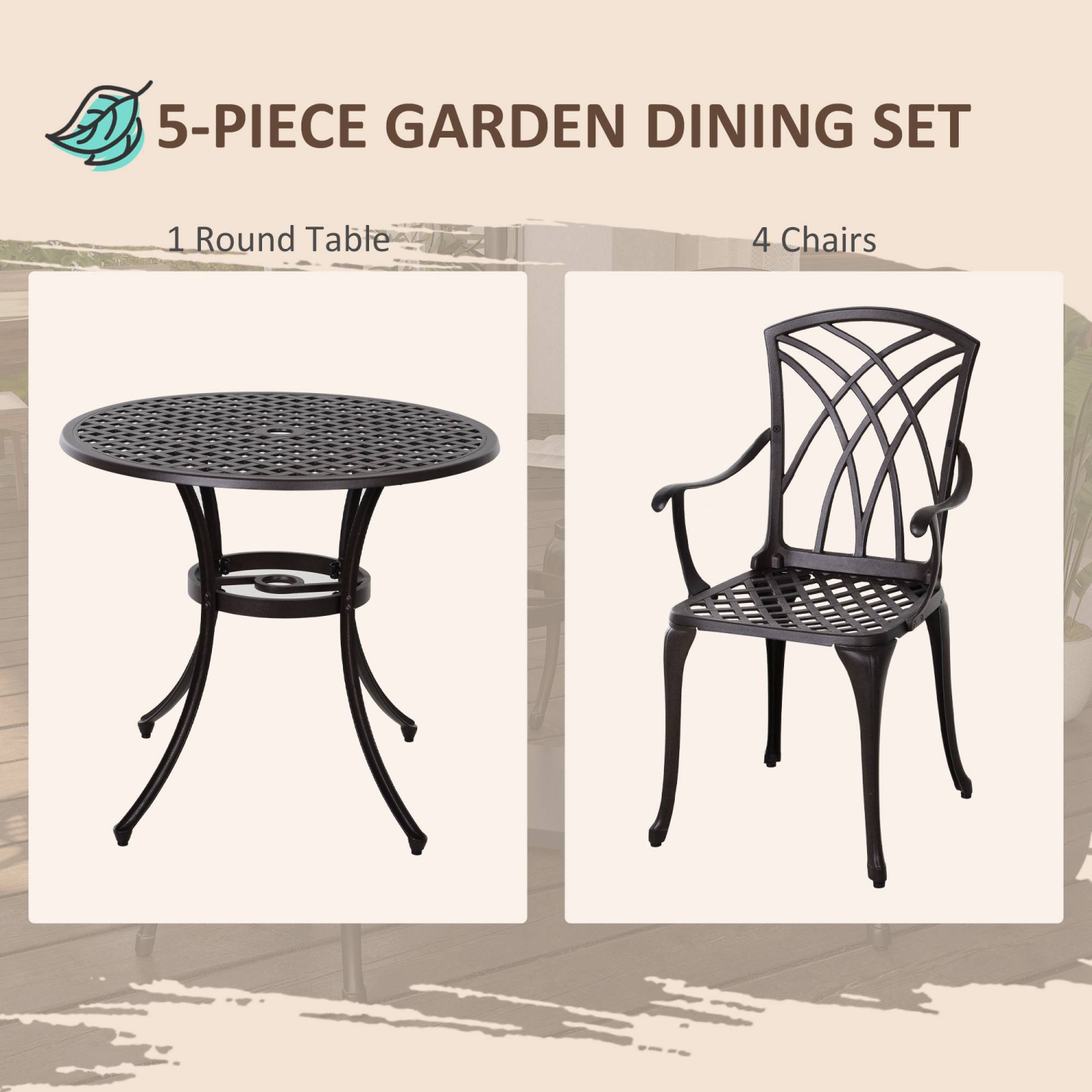 Outsunny 5 Pieces Outdoor Dining Set, Cast Aluminium Patio Table and Chairs with Parasol Hole for Garden Backyard Poolside, Patio Dining Set for 4,