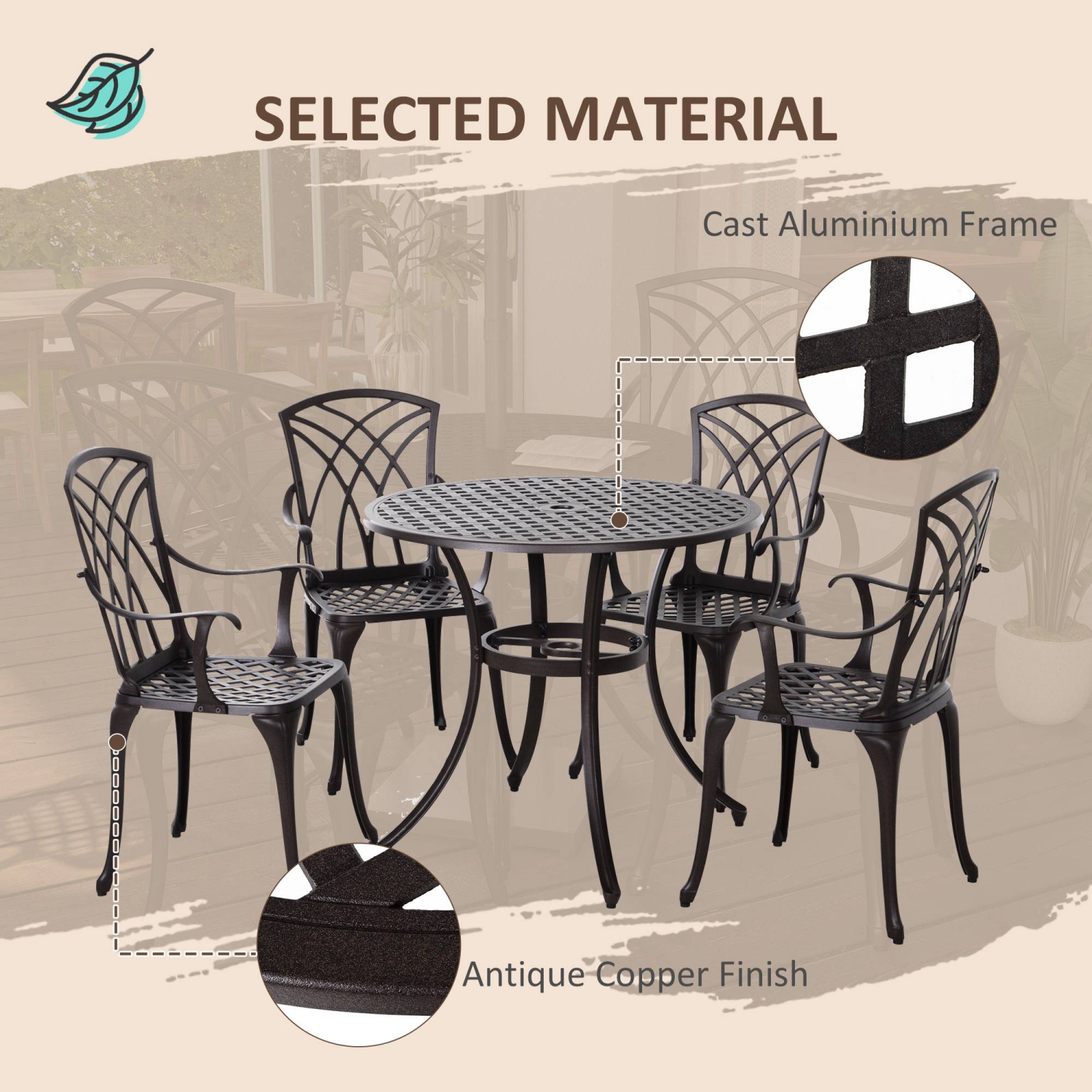 Outsunny 5 Pieces Outdoor Dining Set, Cast Aluminium Patio Table and Chairs with Parasol Hole for Garden Backyard Poolside, Patio Dining Set for 4,
