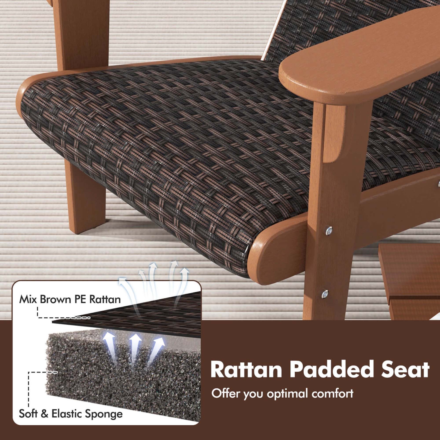 Chaise de patio Adirondack de Costway avec siège rembourré en rotin Accoudoirs larges et porte-gobelet dissimulé