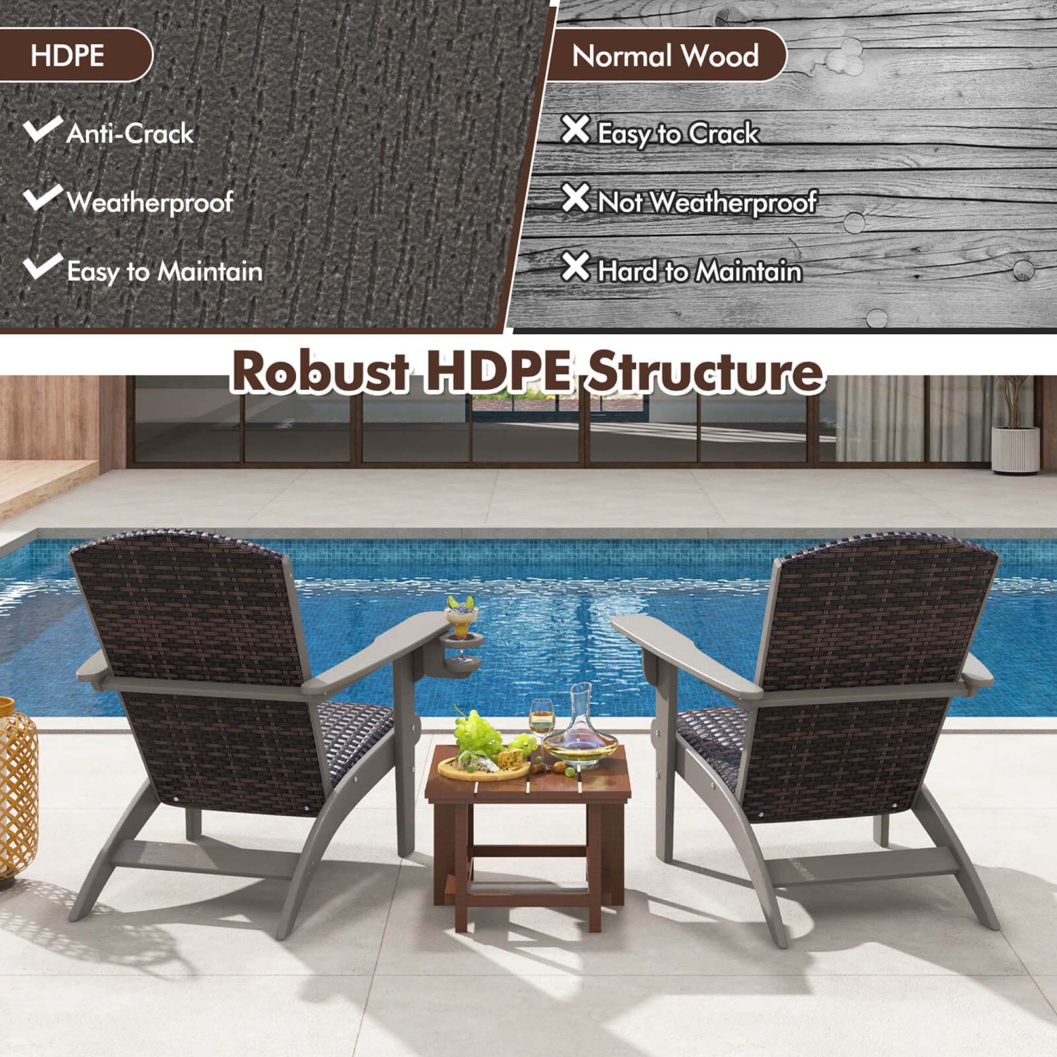 Chaise de patio Adirondack de Costway avec siège rembourré en rotin Accoudoirs larges et porte-gobelet dissimulé