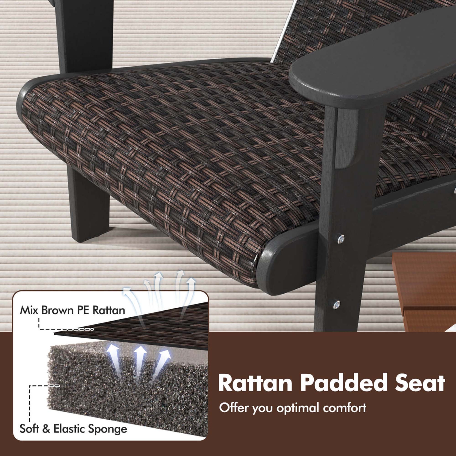 Chaise de patio Adirondack de Costway avec siège rembourré en rotin Accoudoirs larges et porte-gobelet dissimulé