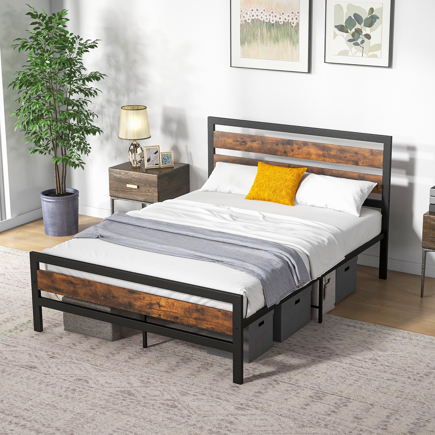Cadre de lit double en métal Giantex de Costway, lit plateforme industriel avec tête et pied de lit en bois, base de matelas en métal robuste, aucun