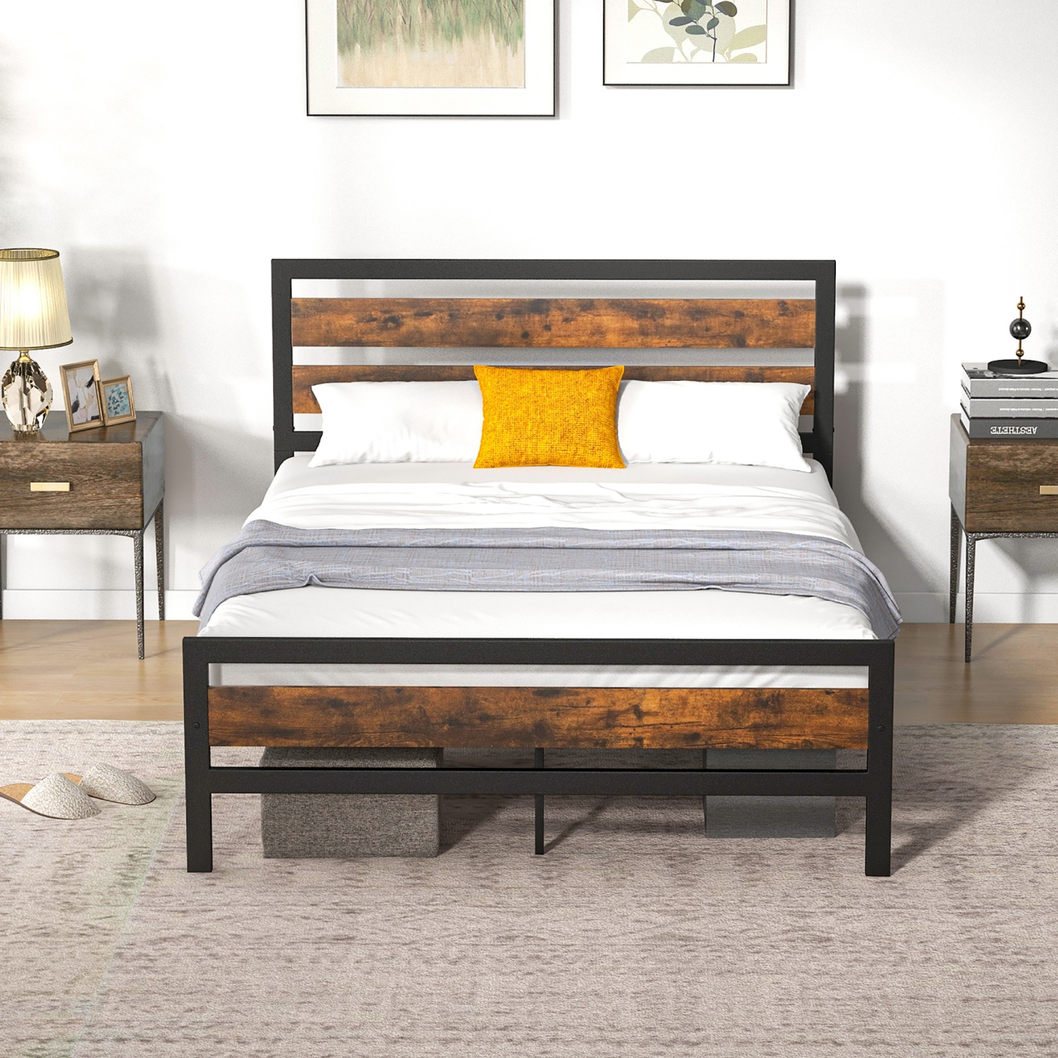 Cadre de lit double en métal Giantex de Costway, lit plateforme industriel avec tête et pied de lit en bois, base de matelas en métal robuste, aucun
